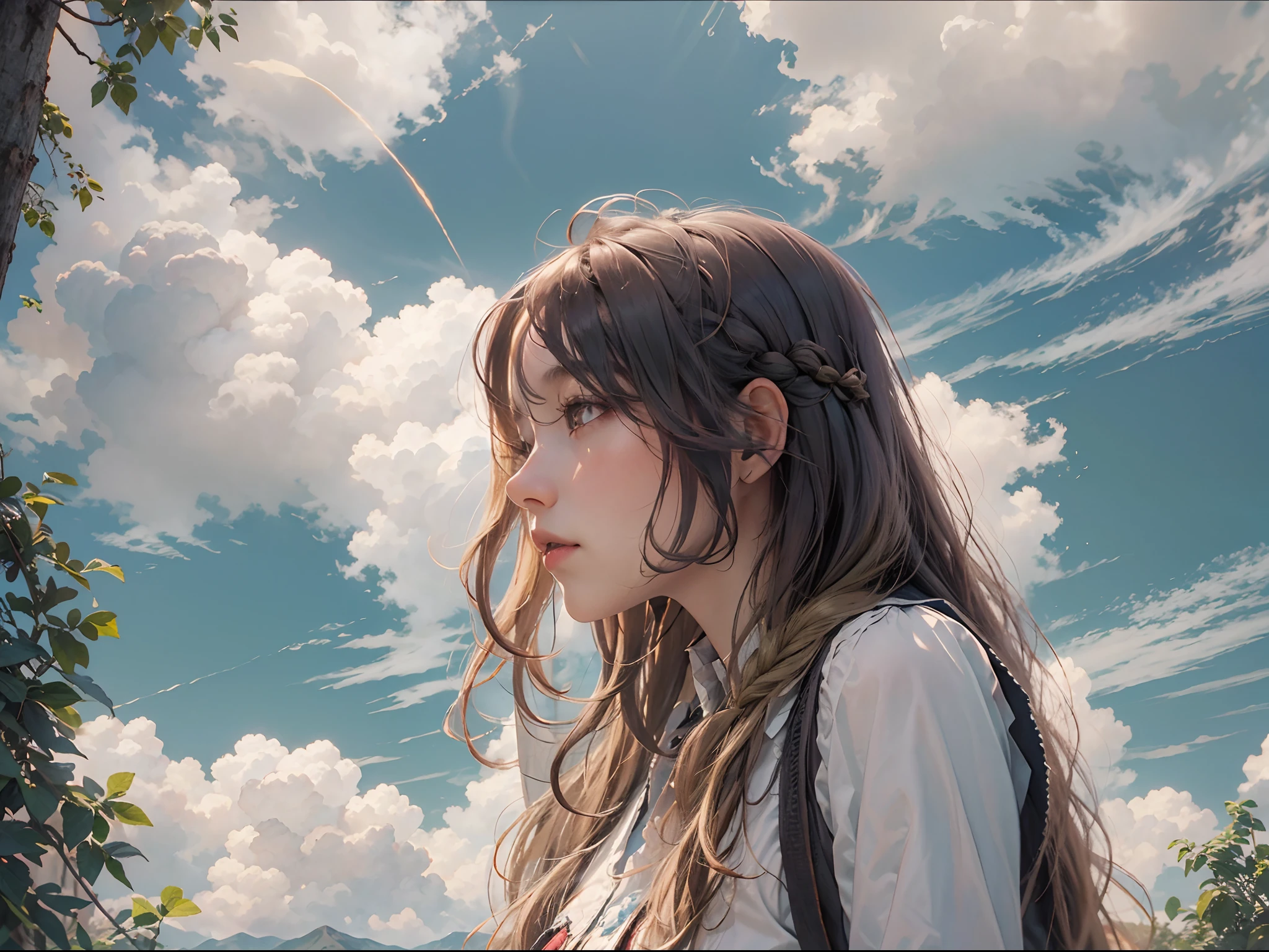 schoolgirls，Solo，Golden braids，Real hair，Hairline，Skysky，​​clouds，The tree，mountain in the distance，depth of fields，portraitures，the sideview，Side Body，head looking up，Look at the sky，Bust photo，album covers，offcial art，tmasterpiece，high qulity，A high resolution，