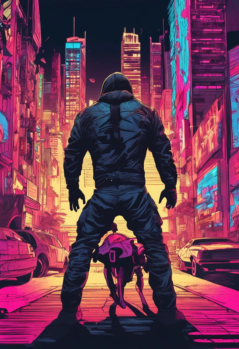 Gangster, human's body, musculature, goats, skyscrapper, Neon flashing, Motorcycle back, Cool