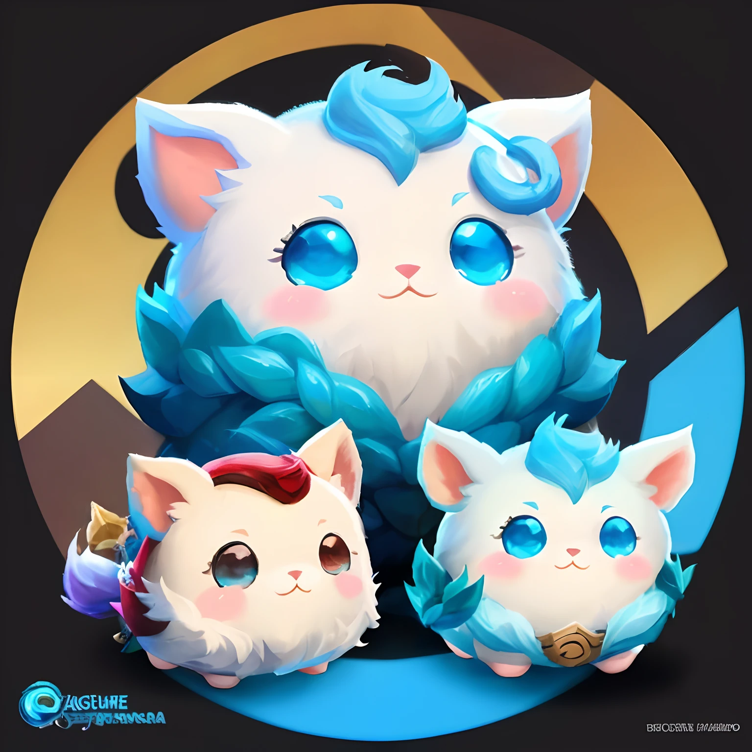 There are three cats with blue hair and blue eyes, de League of Legends, arte oficial splash, cute cyber gods, Estilo de arte de League of Legends, arte digital detalhada bonito, estilo de arte arcano, Arte estilo League of Legends, arte digital bonito, League of Legends arcano, painting digital adorable, Arte de League of Legends, Arcano de League of Legends