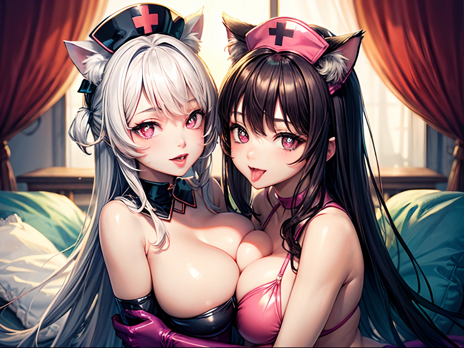 realisitic、top-quality、2females、Cat's ears、Nurse Cap ,Protruding tongue ,((Heart shaped pupils)), orgasm ,Pink Sequin Bikini , Black PVC gloves 、Big breasts、hug, Looking at Viewer