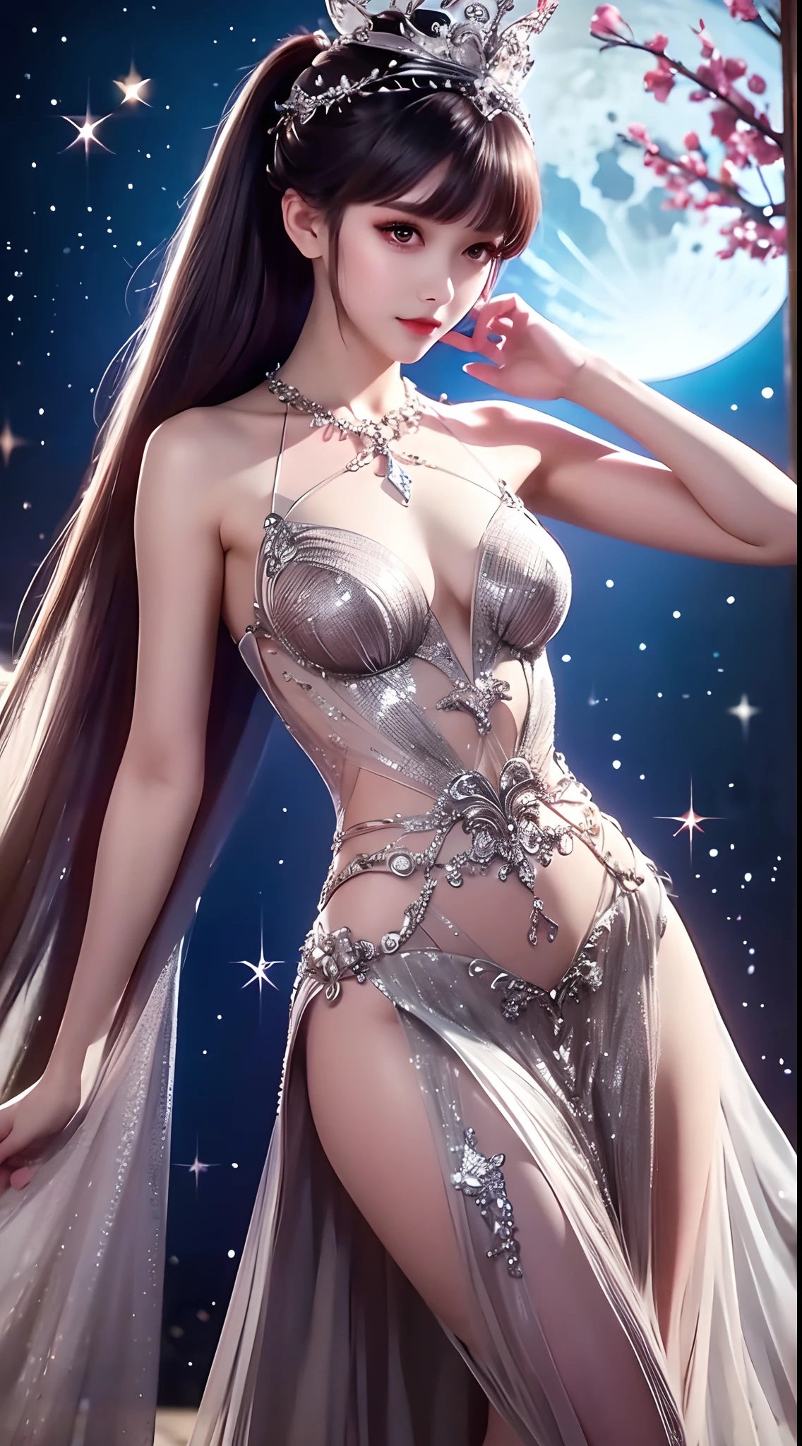 4K ultra hd, masterpiece, a cute girl, long hair, princess hairstyle, medium breasts, princess dress, crystal black dress, bare waist, lace, necklace, princess hat, moon background, attractive pose,
