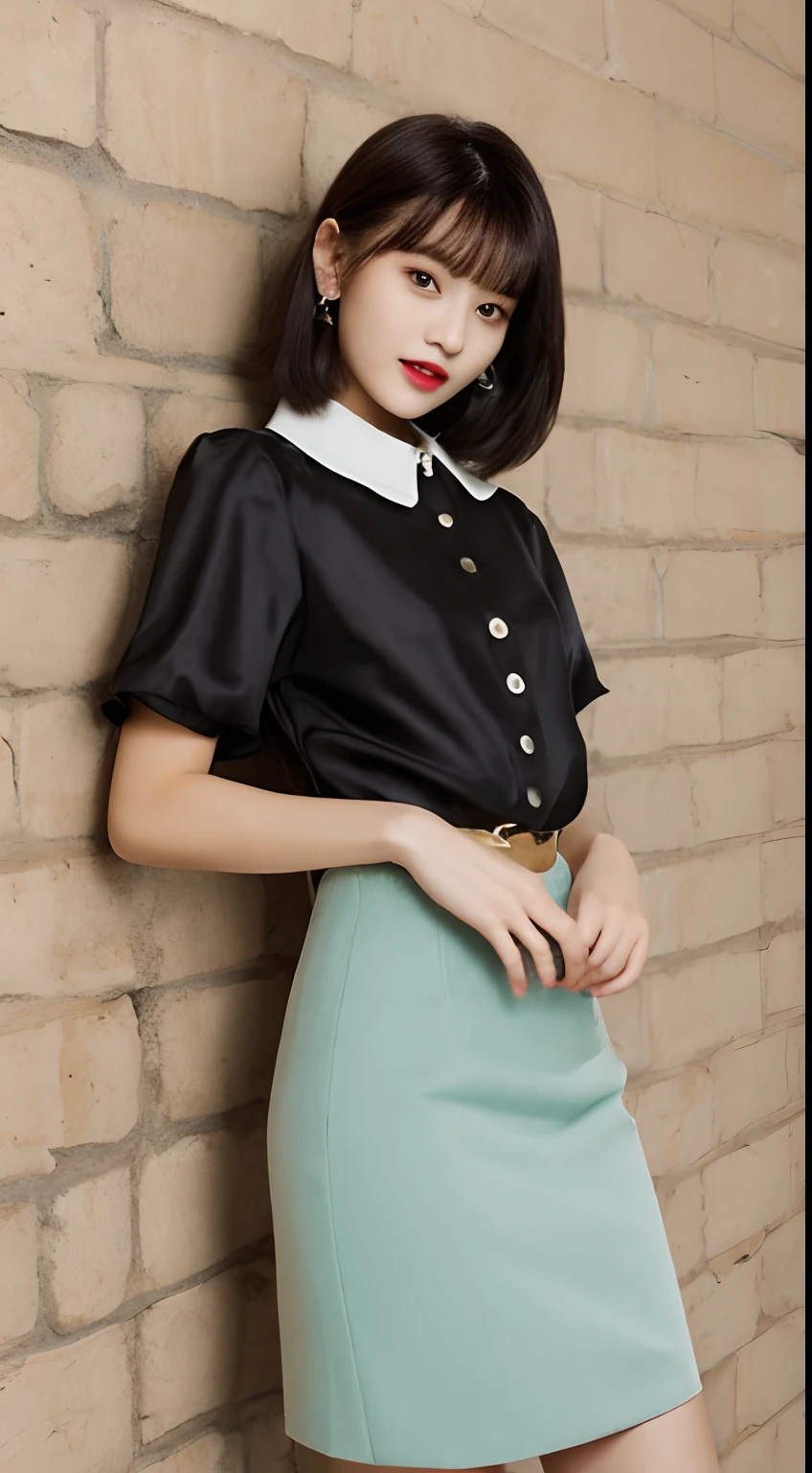 Business-oriented fashion, Girly, Model with lateral bangs and short black fluffy hairstyle. She wore a pastel colored silk shirt,With Peter Pan collar, high-waisted pencil skirt, and shiny leather loafers. Accessories included:、Includes a simple gold necklace and leather watch. The magazine has:、Including brands such as Ray and Kankam, Cater to a young and interesting audience