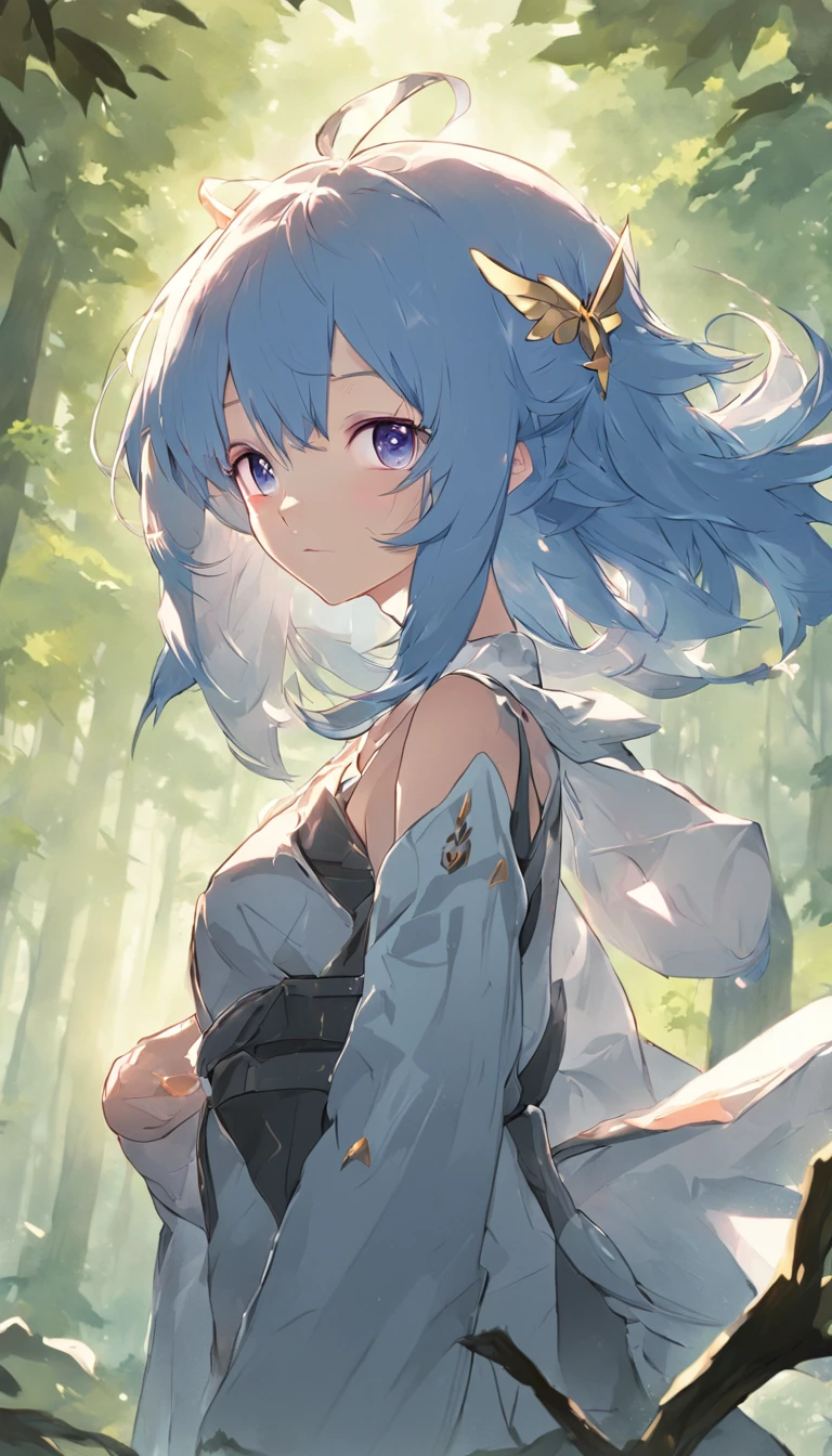 ((1girl, solo)), masterpiece, superlative, portrait, hyperdetail, illustration, close-up, gorgeous background, straight shot, blue hair, purple eyes, (focus on face), looking into the distance, forest, sun, wind, butterfly, studio lighting, horizontal axis, tree, lake, standing, ganyu \(genshin impact), double horn, bare shoulders, tights
