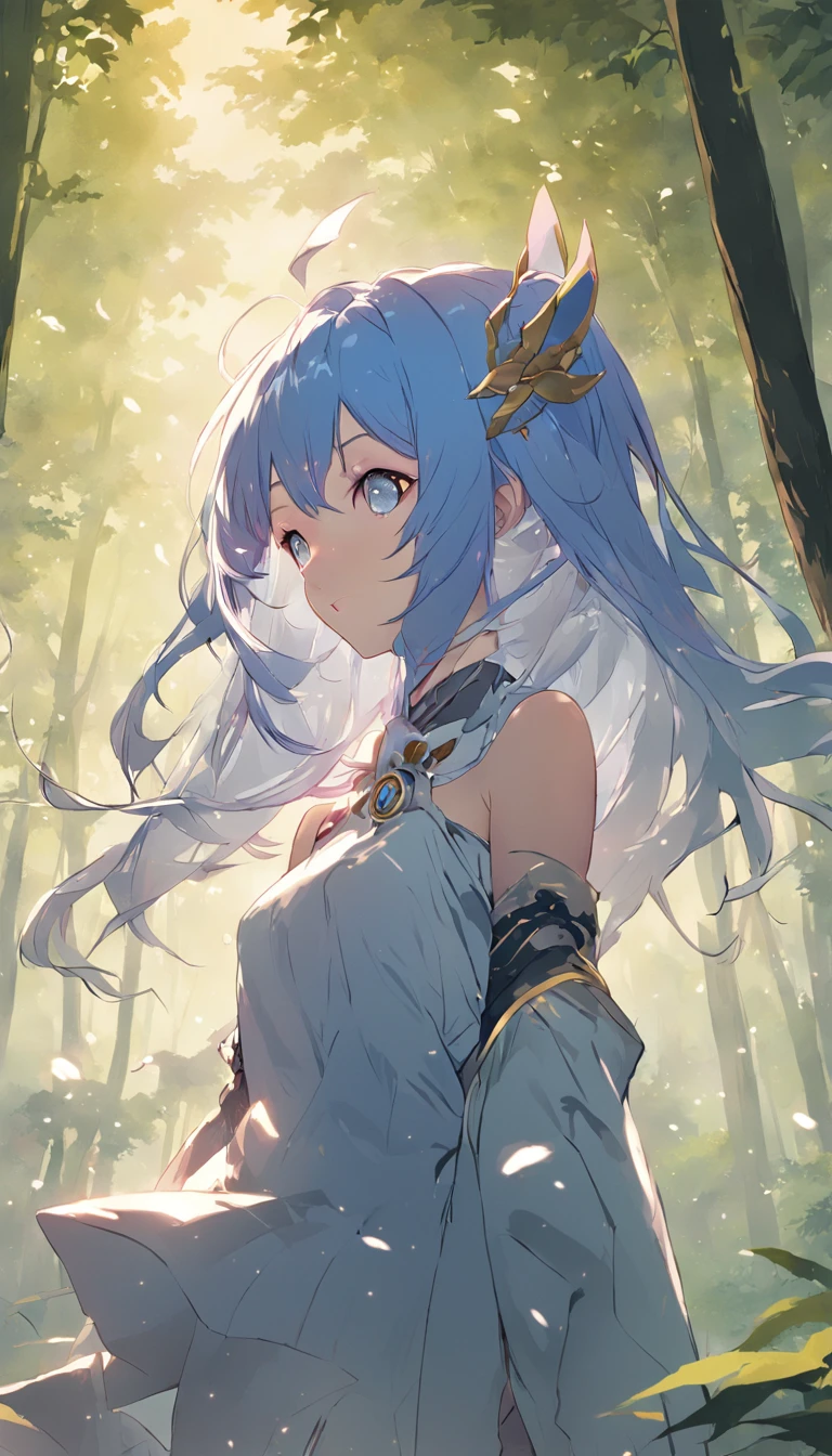 ((1girl, solo)), masterpiece, superlative, portrait, hyperdetail, illustration, close-up, gorgeous background, straight shot, blue hair, purple eyes, (focus on face), looking into the distance, forest, sun, wind, butterfly, studio lighting, horizontal axis, tree, lake, standing, ganyu \(genshin impact), double horn, bare shoulders, tights