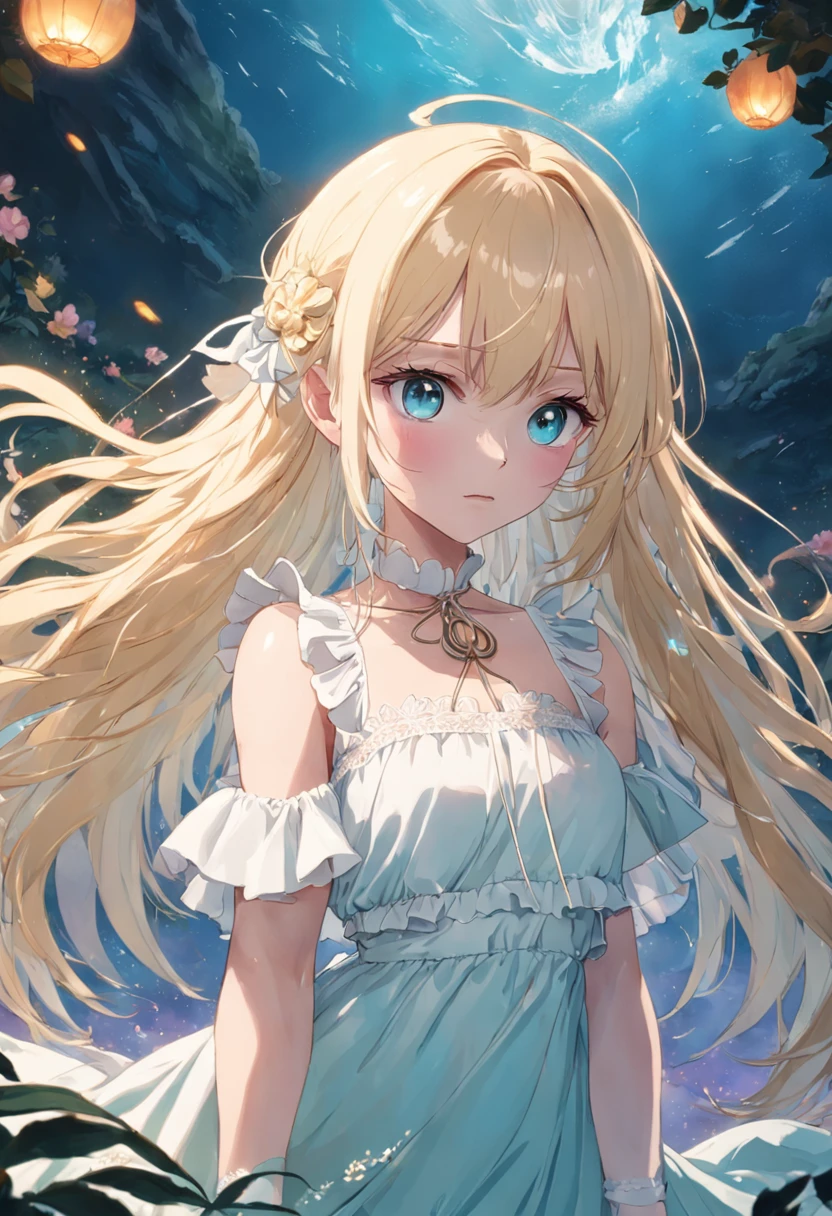 ((long shot)),((plant view)),Long light blonde hair,Bangs cover half of the eyes,Three strands of bangs,White choker,((((There is a rose around the neck)))),(Pink rosette wreath),White crossover slip dress,White lace-up dancing shoes,Aqua blue eyes,Curved wings,Angel wings,All-white dress,Three white dresses,(long whitr hair),Super long hair,(((flatchest))),((two point perspective)),(((Beautiful scenery in the background))),((Mountains and rivers and white clouds))