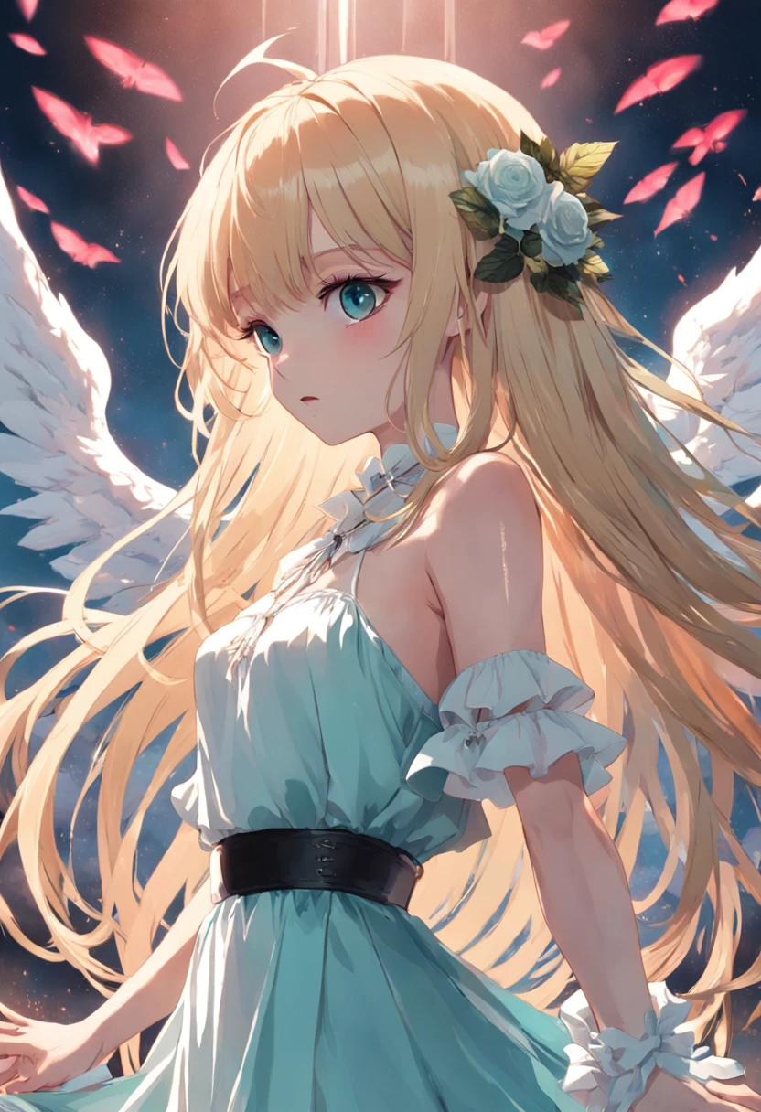 ((long shot)),((plant view)),Long light blonde hair,Bangs cover half of the eyes,Three strands of bangs,White choker,((((There is a rose around the neck)))),(Pink rosette wreath),White crossover slip dress,White lace-up dancing shoes,Aqua blue eyes,Curved wings,Angel wings,All-white dress,Three white dresses,(long whitr hair),Super long hair,(((flatchest))),((two point perspective)),(((Beautiful scenery in the background))),((Mountains and rivers and white clouds))