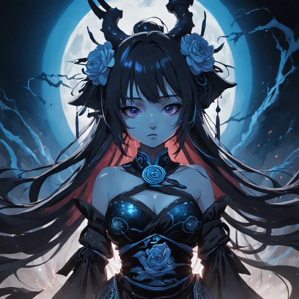 full bodyesbian ((primitive)) Digital photo of a dark wasteland geisha, Admirer of ancient magic, Black background. twisted. Horror. terroral. Dark art. occult. Techno infidels, Sharp contrast, Obvious deficiencies, with light glowing, Blue, Black and white