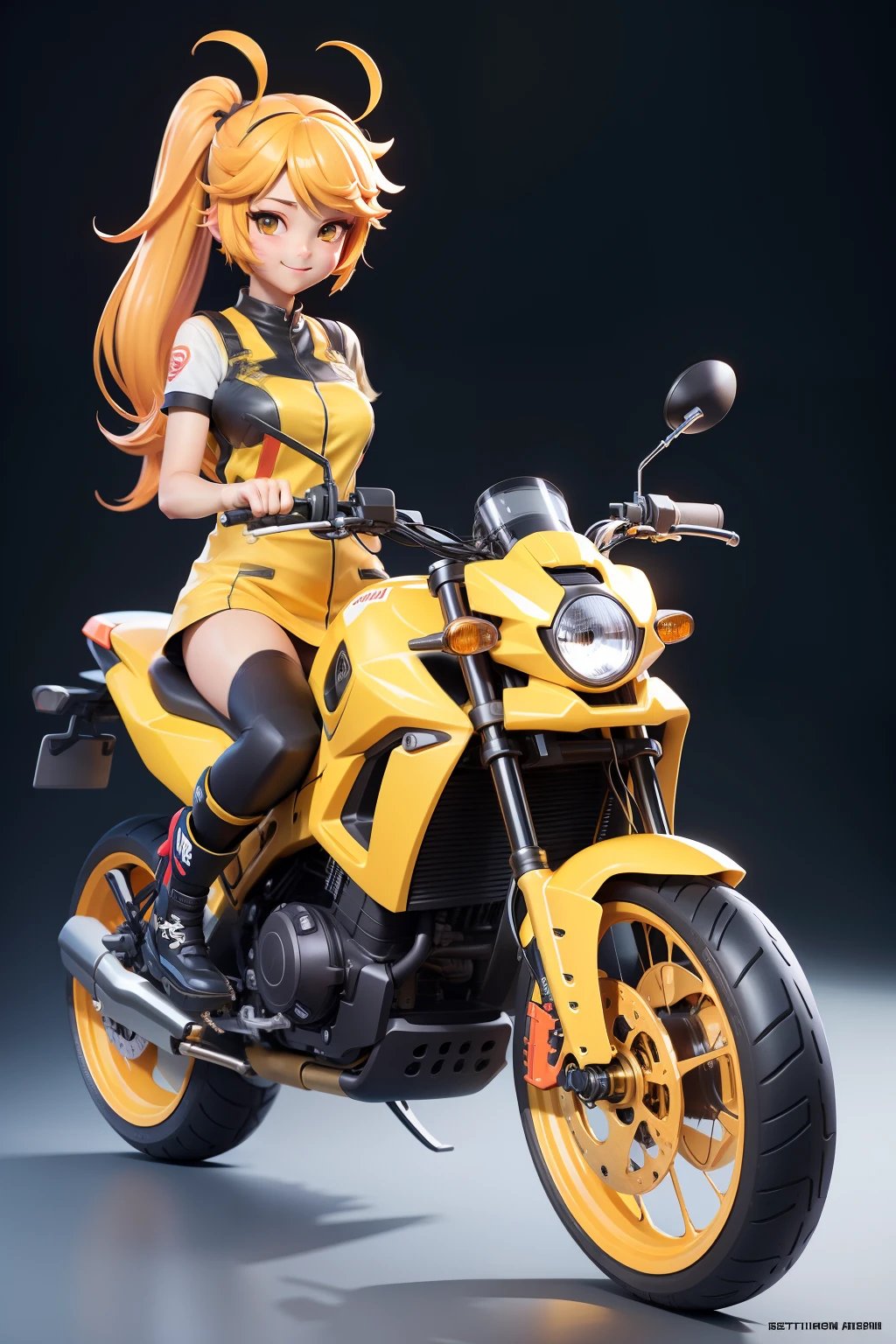 chica joven, pelo colorado, hermosa, cuerpo sexy, doble cola de caballo, en una moto  