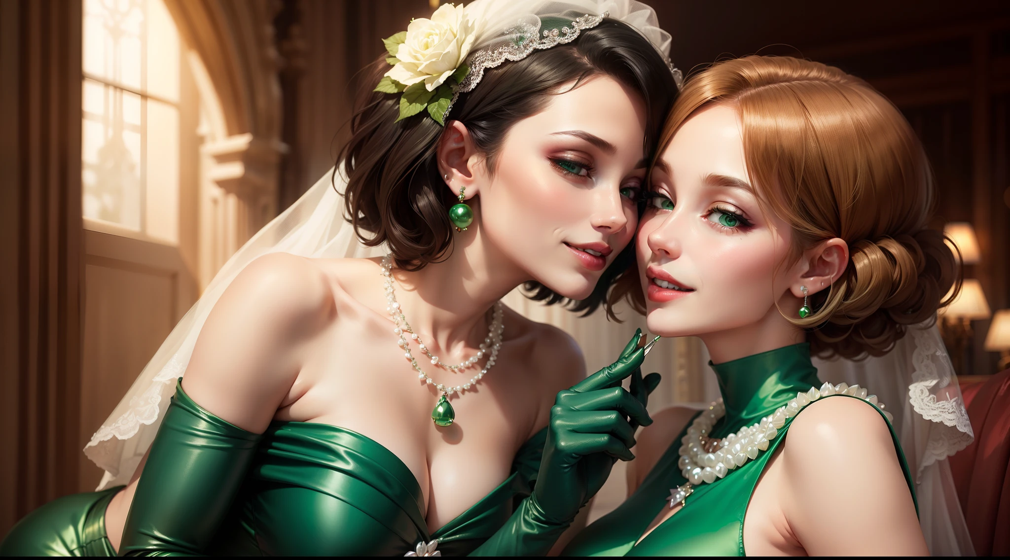 Green Pearl Necklace, Satin green long gloves, lipsticks, Shorthair, satin, Green dress, bride, the kiss, a smile