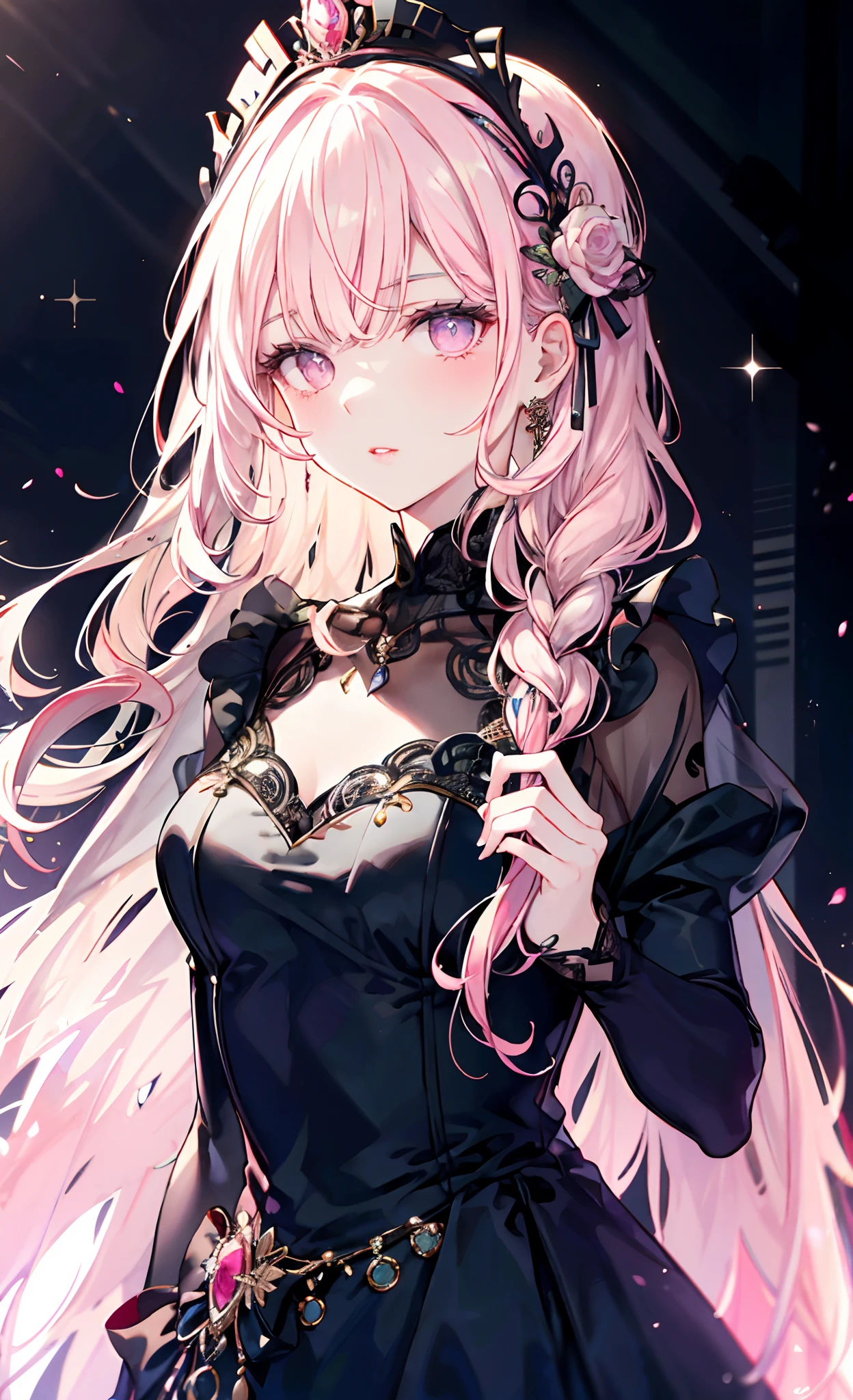 meticulous portrayal of face,1 noblewoman,a matural female,Black dress long dress,(Pink White Long Hair),(dark night background+),Prom,Court etiquette, s the perfect face, Perfect lips, perfect eyes, Perfect background
