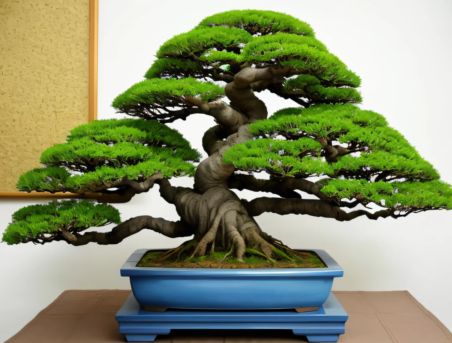 there is a bonsai tree in a blue pot on a table, lush plants and bonsai trees, bonsai trees, bonsai, bonsai tree, made of bonsai, blue bonsai, huge ficus macrophylla, bonsai tree on roof, bonsai tree house, 5 , bonsai anatomy atlas, front side full, centre image, version 3, extremely intricate