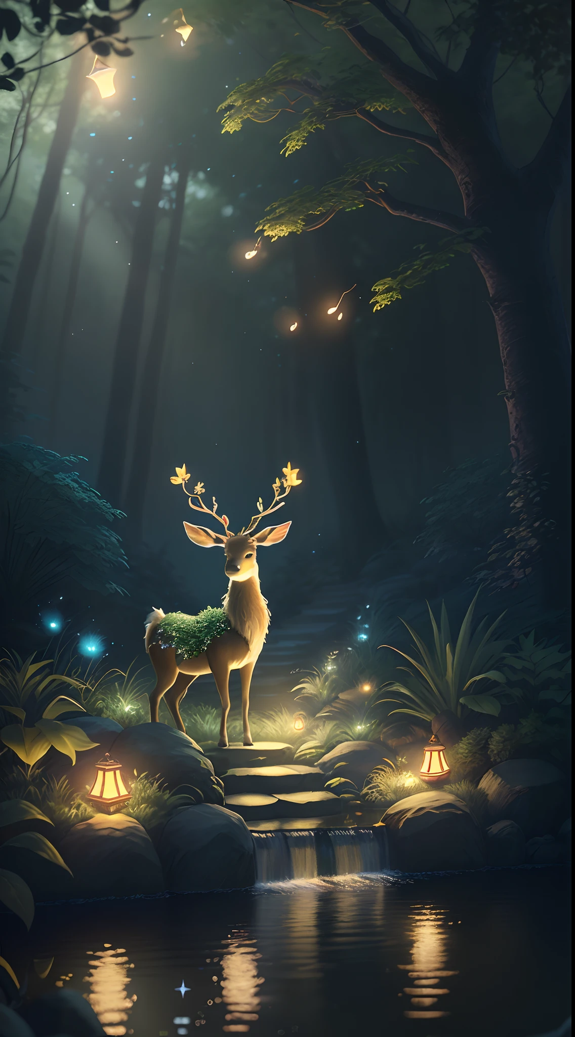 Masterpiece, best quality, (very detailed CG unity 8k wallpaper), (best quality), (best illustration), (best shadows), glow sprite, with a glowing deer, in the swimming pool Drinking water, natural elements in the forest theme. Mysterious forest, beautiful forest, nature, surrounded by flowers, delicate leaves and branches surrounded by fireflies (natural elements), (jungle theme), (leaves), (twigs), (fireflies), (particle effects) etc. 3D , Octane rendering, ray tracing, super detailed