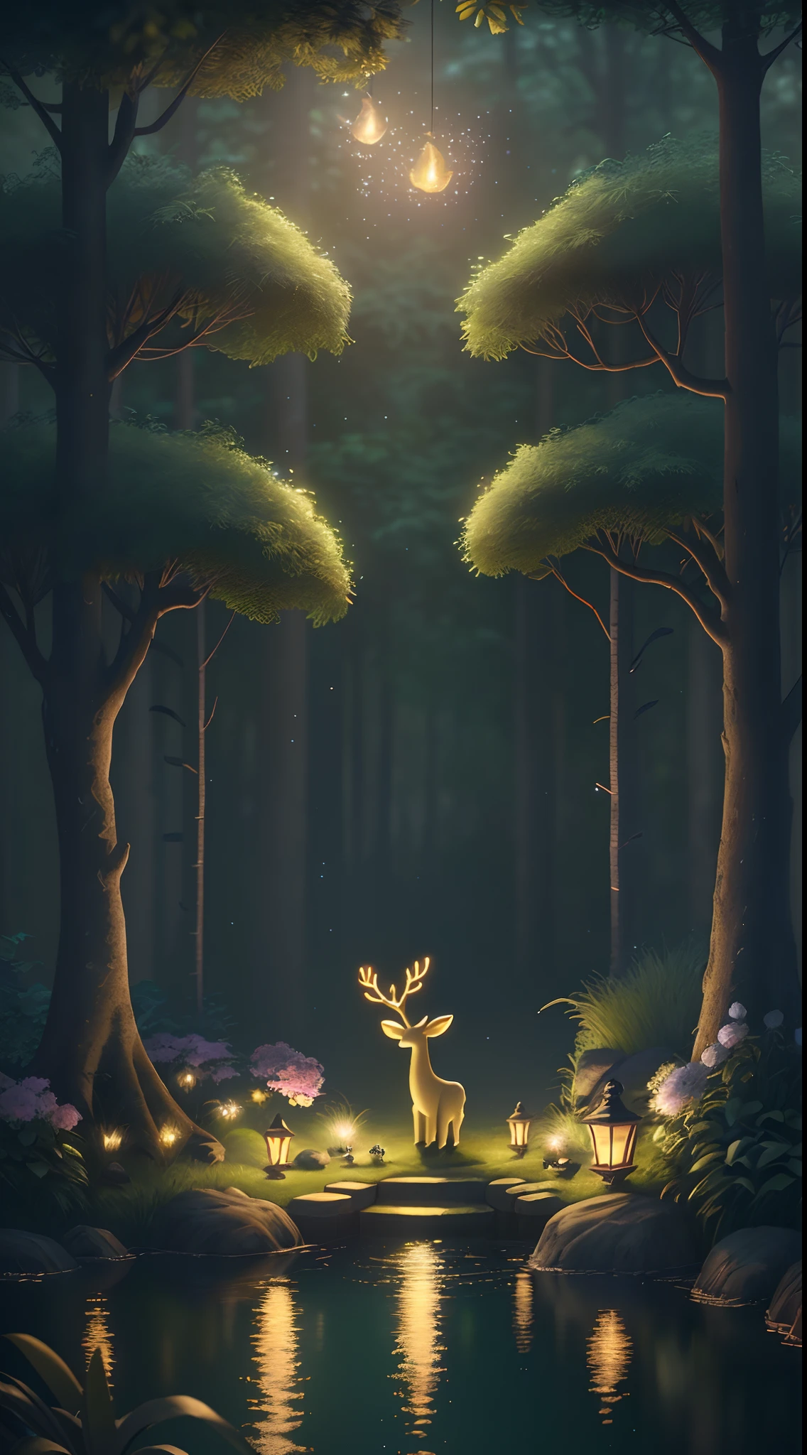 Masterpiece, best quality, (very detailed CG unity 8k wallpaper), (best quality), (best illustration), (best shadows), glow sprite, with a glowing deer, in the swimming pool Drinking water, natural elements in the forest theme. Mysterious forest, beautiful forest, nature, surrounded by flowers, delicate leaves and branches surrounded by fireflies (natural elements), (jungle theme), (leaves), (twigs), (fireflies), (particle effects) etc. 3D , Octane rendering, ray tracing, super detailed