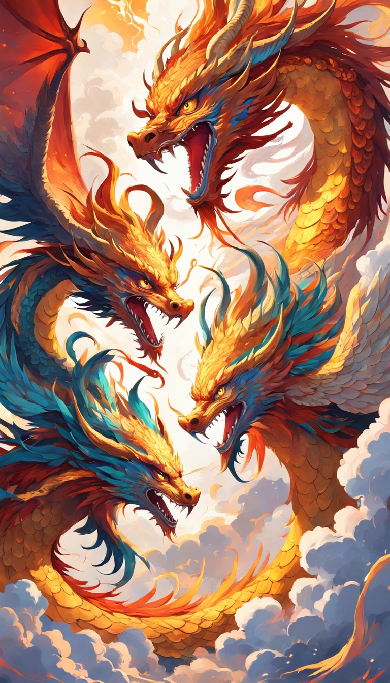 Dragon and Phoenix twins, fierce competition, vibrant colors, intricate patterns, mythical creatures, flying in the sky, surrounded by clouds, golden scales shimmering in the sunlight, fiery breath, intense gaze, powerful wings, graceful movements, ancient Chinese style, painted with traditional brush strokes