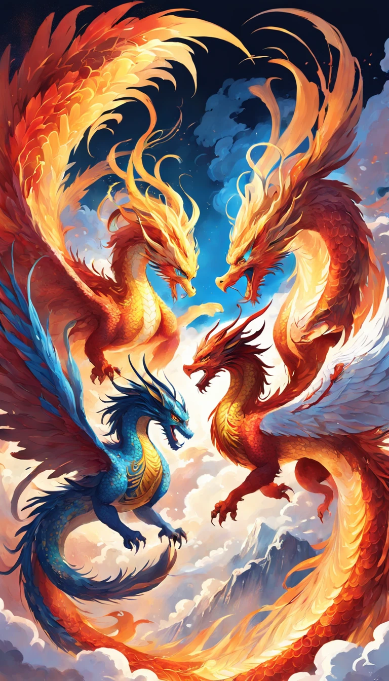 Dragon and Phoenix twins, fierce competition, vibrant colors, intricate patterns, mythical creatures, flying in the sky, surrounded by clouds, golden scales shimmering in the sunlight, fiery breath, intense gaze, powerful wings, graceful movements, ancient Chinese style, painted with traditional brush strokes