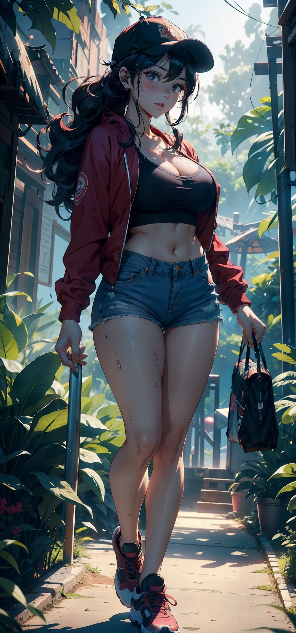 1female,35yo,plumw,extremely large bosom, solo,(Background with:ponds,Cherry blossom forest,lotus flower)Lie underwater, She has long pink hair,standing on your feet,seen from the front,, mostly cloudy sky,(((tmasterpiece),(Very detailed CG unity 8K wallpaper),best qualtiy,cinmatic lighting,detailed back ground,beatiful detailed eyes,Bright pupils,Black eyes,Snow-whiteskin,Redlip(Very fine and beautiful),(Beautiful and detailed eye description),ultra - detailed,tmasterpiece,))facing at camera,A high resolution,ultra - detailed),revealing breasts,Bare genitals, Bulge,legs are open,Raised sexy,Camel toes,Flushed complexion,Desire for dissatisfaction,frontage,ssmile(Wearing:Red baseball jacket,Sexy denim shorts)