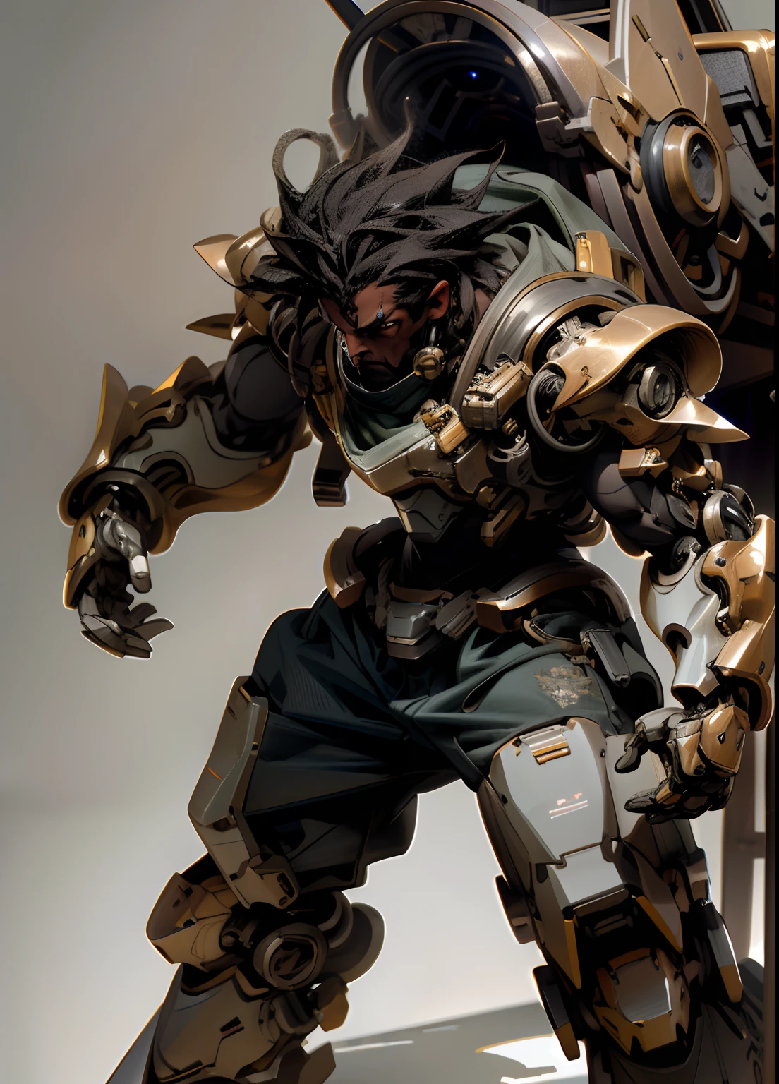 ((Best quality)), ((masterpiece)), (highly detailed:1.3), 3D, anime, 1 dark skinned male, mechanical muscle, cyborg, mech plate armor