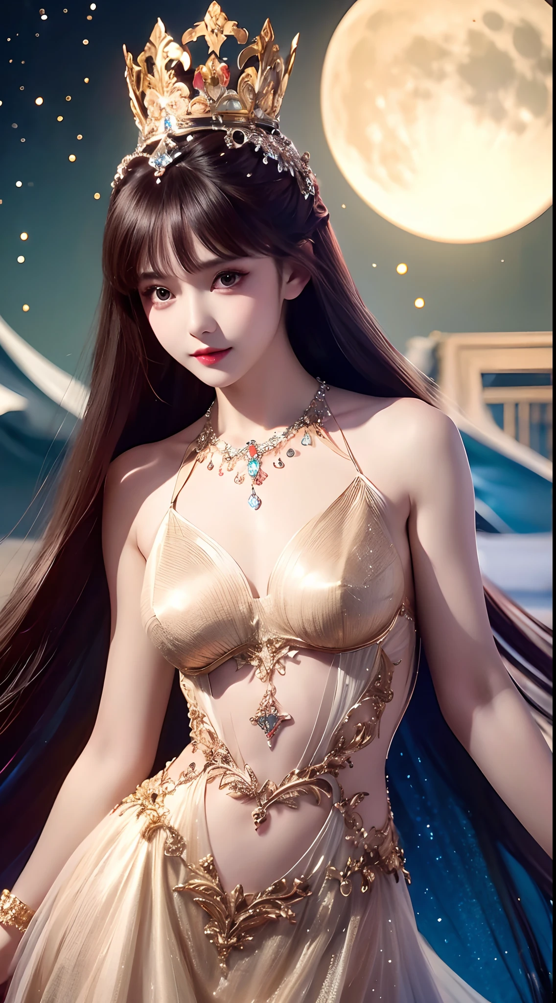 4K ultra hd, masterpiece, a cute girl, long hair, princess hairstyle, princess dress, golden dress, bare waist, lace, necklace, princess hat, moon background, standing,