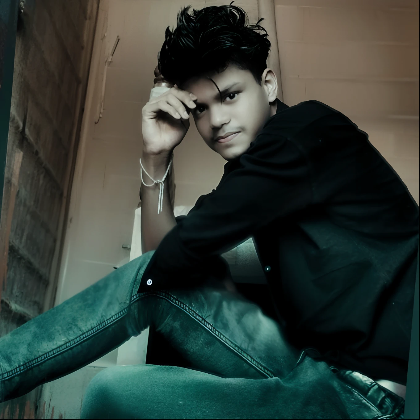 arafed man sitting on the ground with his hand on his head, edited in photoshop, casual photography, profile pic, with a cool pose, male ager, casual pose, ayan nag, portait photo profile picture, teenboy, cool pose, profile picture 1024px, photo taken with canon 5d, colour splash , modeling shoot