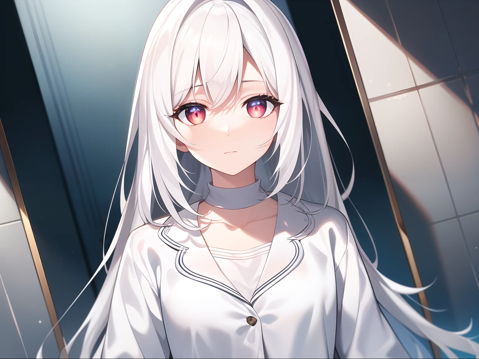 ((Masterpiece, Best quality))++, Detailed light+, Detail hair+, detail hand+ ,1girll, woman, Long hair, Crimson eyes, Beautiful eyes, Young gray hair,,(Beautiful white hair:1.5),(Beautiful detailed eyes), high resolution+, blacksilk , a black skirt, Glass tones, Reflective eyes, {{Angle}} , extremelydetailedwallpaper, Original, ,