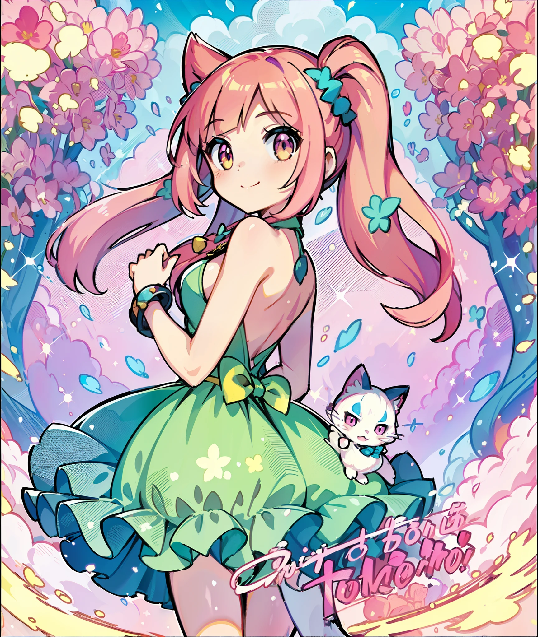 1girl in,A pokémon_The card,(Best quality1.２), (hightquality), (Convoluted_Details), (ultra-detailliert), (illustratio), (Distinct_image),With cats((1 With cute cats.5)),((Pink hair))、Back alley