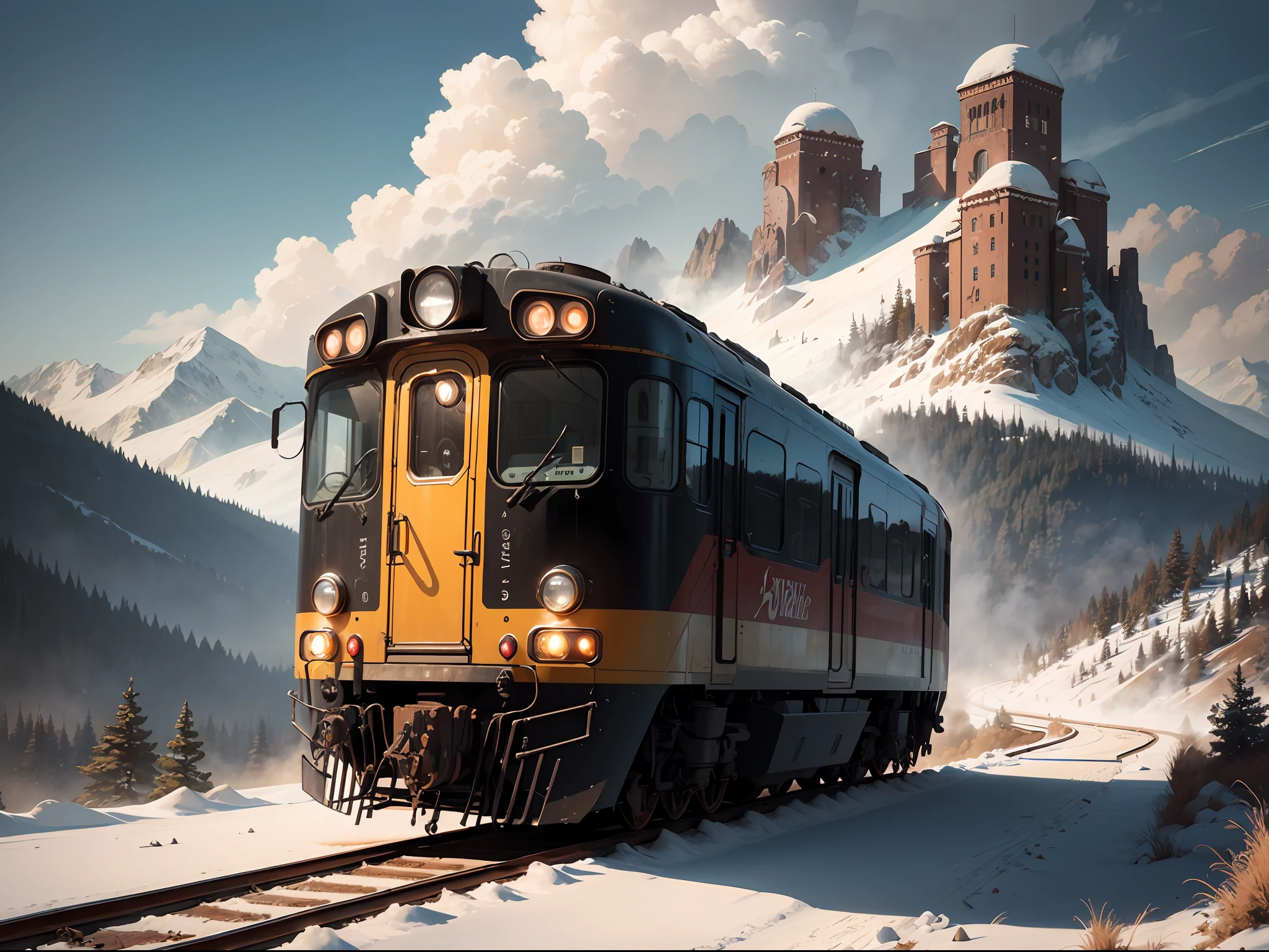 there is a train that is going down the tracks in the mountains, adventure hyper realistic render, Detailed scenery —width 672, Stylized digital illustration, locomotive, detailed digital artwork, best on adobe stock, inspired by Mike Winkelmann, 4k highly detailed digital art, author:Mike Winckelman, Stylized digital art, trains, trains in the background