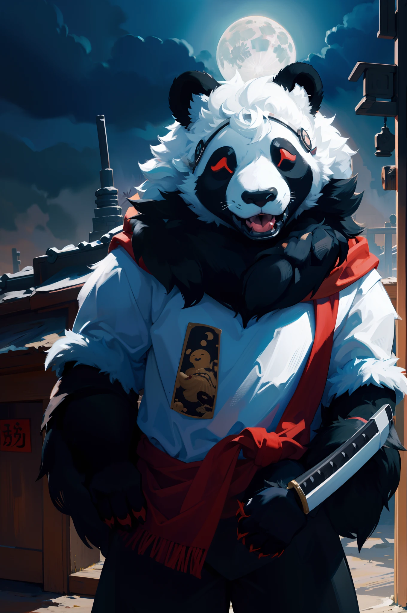 in the dark of night,A bright moon shines on the steppe,Panda in mechanical armor,Red scarf,Katana in hand,Monster hunting is being hunted