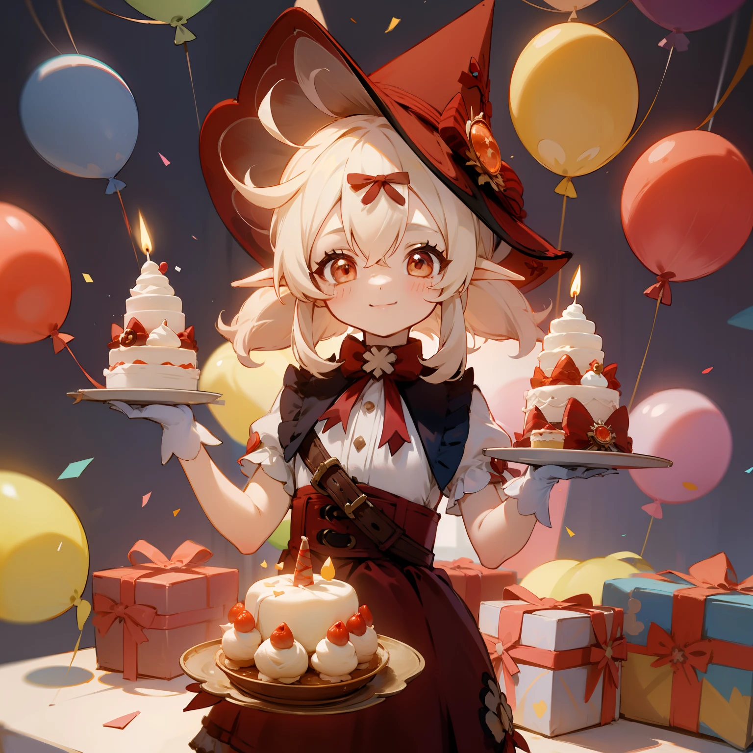  smiling, cute girl, holding a cake with one candle, Cakes, A warm place, colorful balloons, confetti, birthday party, Gift boxes, Klee from genshin impact