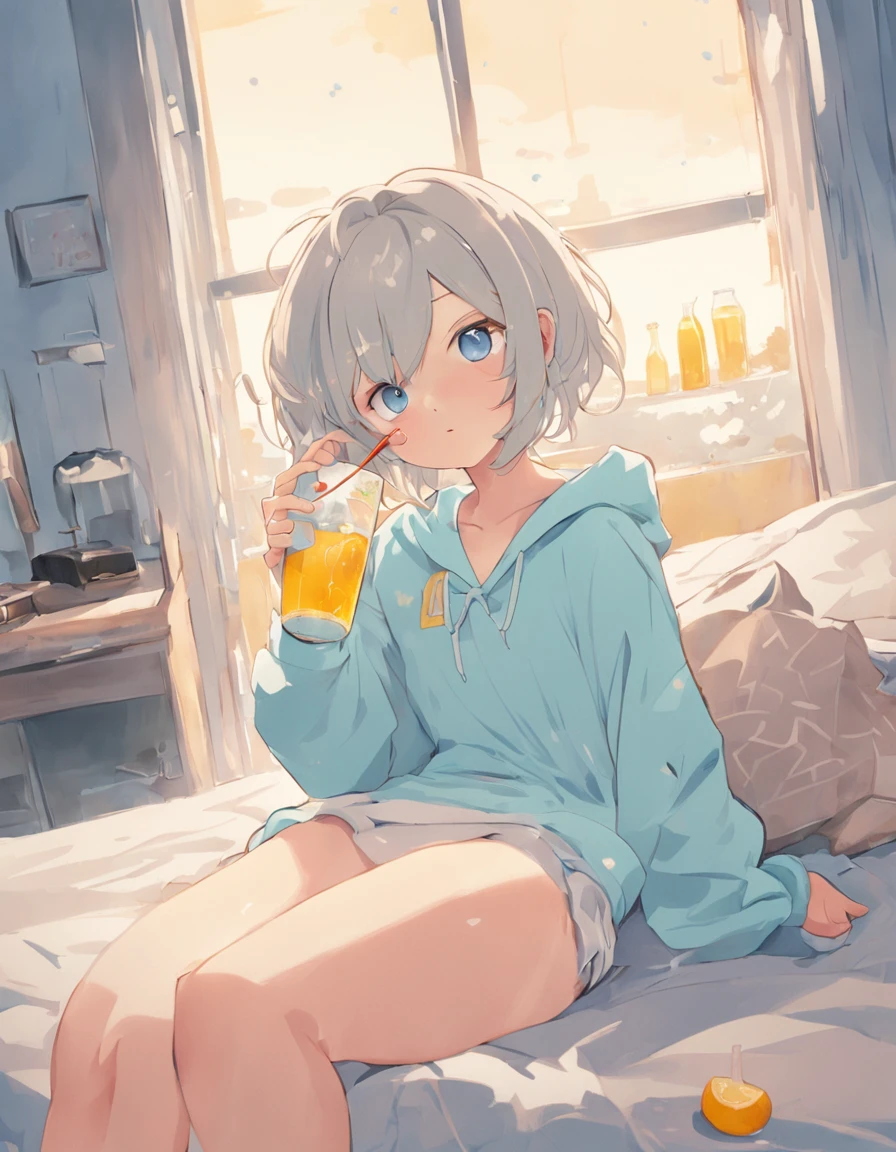 (one-girl),When drinking juice,Watching TV,(Plan view),(Long shot),(one-point perspective),//////(Bright),high saturated,Flat color,Blue,Yellow,Blue,Yellow,(Flat color),(Flat color),Flat color,8K wallpaper/////in a white room/////White,(Girl),(Girl),A  girl,(((One girl))),(((Solo:1.3))),(sit on a bed),Light blue,Blue eyes,Light short hair,great body,Two beautiful feet,(wetclothes),folding fan///////Suspended air conditioning,(air conditioner),Suspended air conditioning,suspended ceiling,air conditioner,Fan,Fan/////////Drinking a juice////////(A TV)///////Tea table,Wireless router////////cutecolors////////refrigerator////////(Bottle on desk),Coke,donut,brokenglass,There was a Coke on one table,donut,orange juice,soda pop,lemons🍋,ice cubes,Eau