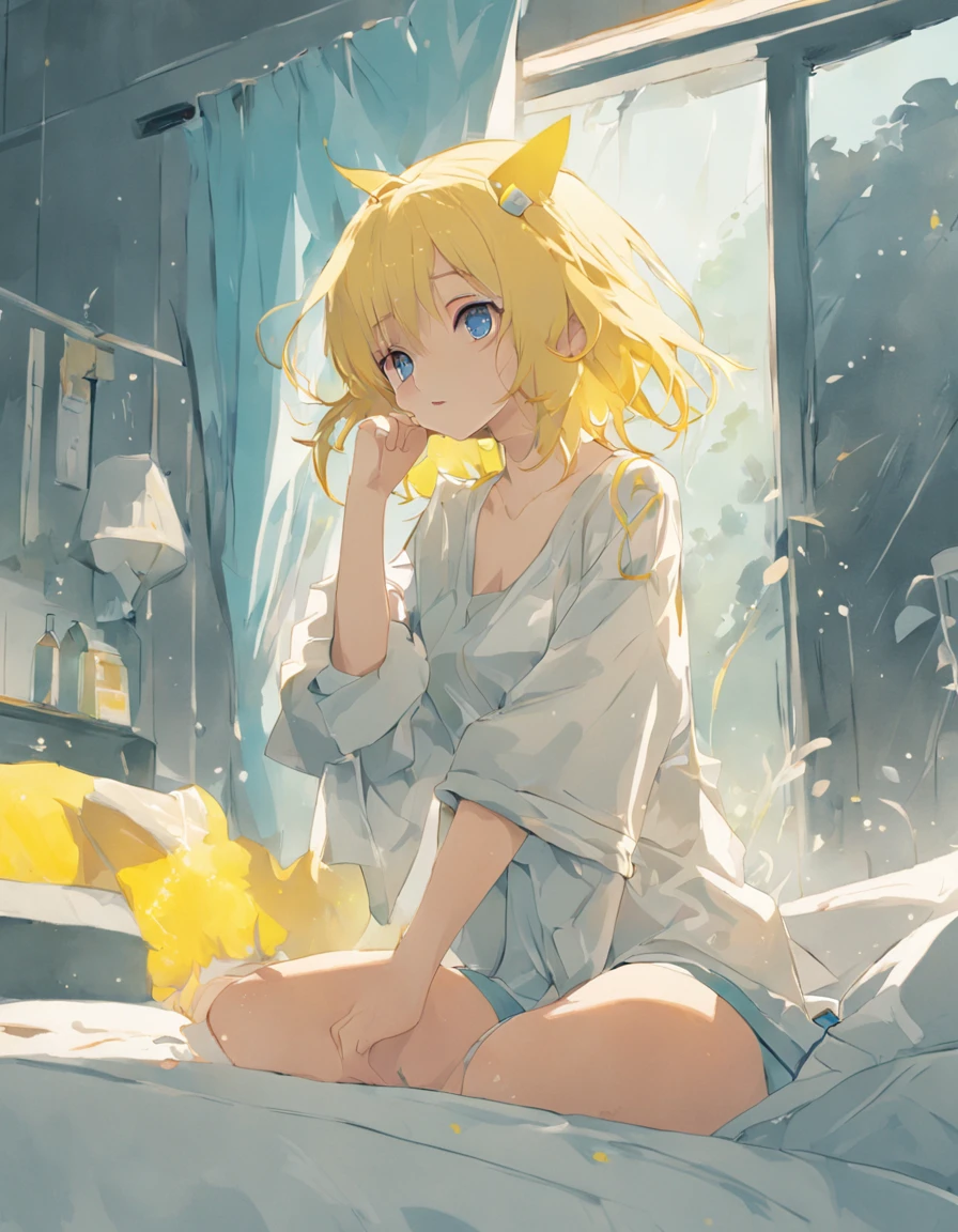 (one-girl),When drinking juice,Watching TV,(Plan view),(Long shot),(one-point perspective),//////(Bright),high saturated,Flat color,Blue,Yellow,Blue,Yellow,(Flat color),(Flat color),Flat color,8K wallpaper/////in a white room/////White,(Girl),(Girl),A teenage girl,(((One girl))),(((Solo:1.3))),(sit on a bed),Light blue,Blue eyes,Light short hair,great body,Two beautiful feet,(wetclothes),folding fan///////Suspended air conditioning,(air conditioner),Suspended air conditioning,suspended ceiling,air conditioner,Fan,Fan/////////Drinking a juice////////(A TV)///////Tea table,Wireless router////////cutecolors////////refrigerator////////(Bottle on desk),Coke,donut,brokenglass,There was a Coke on one table,donut,orange juice,soda pop,lemons🍋,ice cubes,Eau