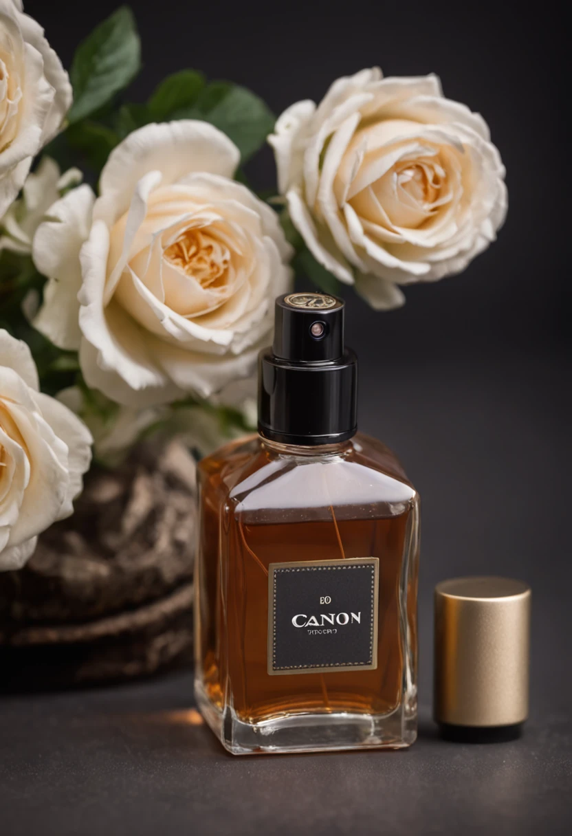 a perfume product photography, on a black desk, diffused lighting, surrounded by white rose blade, product photography