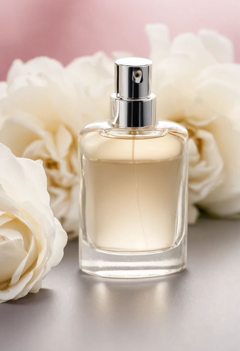 a perfume product photography, on a black desk, diffused lighting, surrounded by white rose blade, product photography