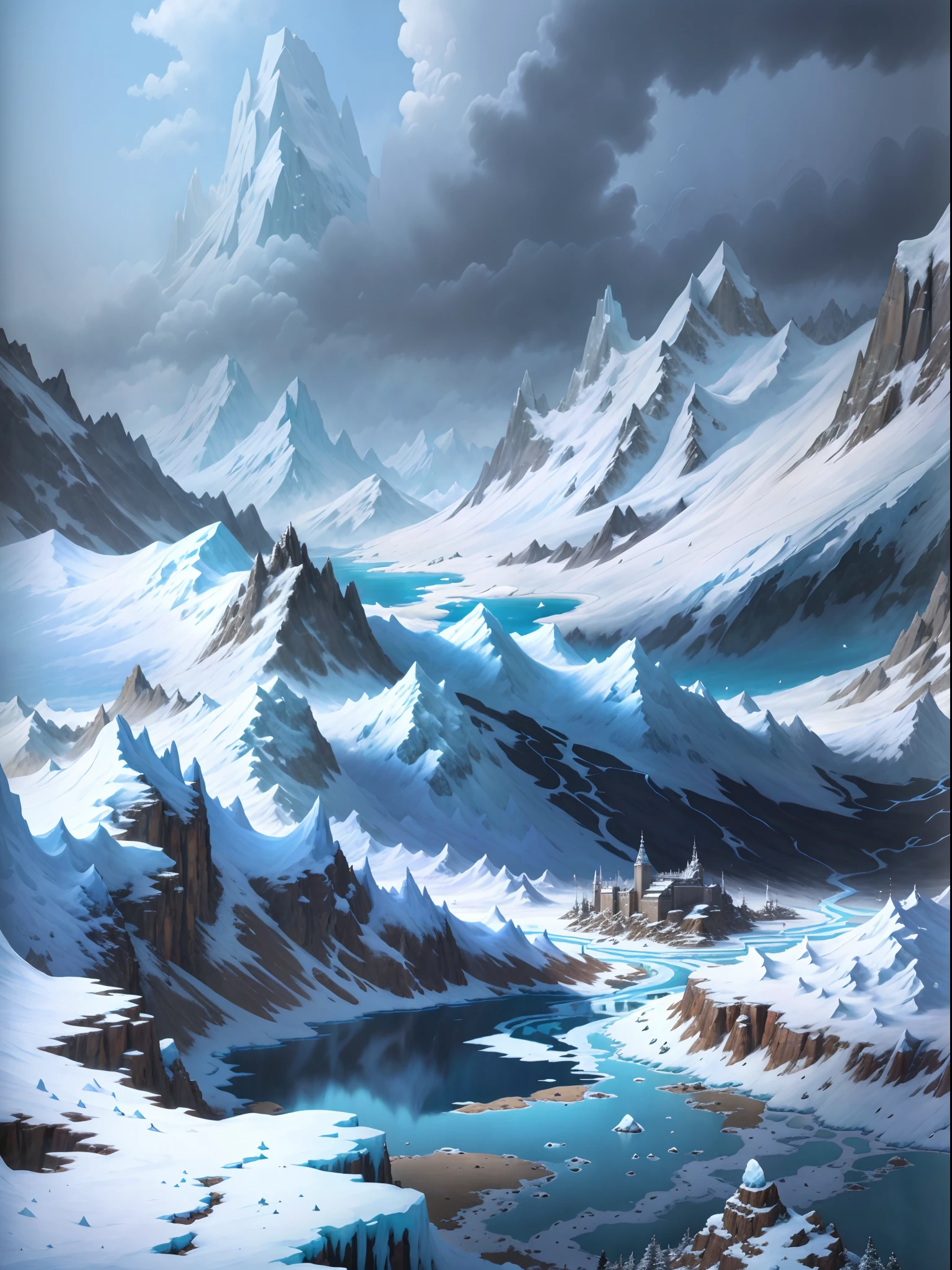 Snow-capped mountain landscape with lakes and mountains, icey tundra background, Snowy environment, Snowy mountain background, Arte conceitual de inverno, ice mountain, Snowy mountains, snowy mountain landscape, concept-art. epic landscapes, Anime landscape, detailed scenic view , snow landscape background, anime landscape wallpapers, icy mountains in the background