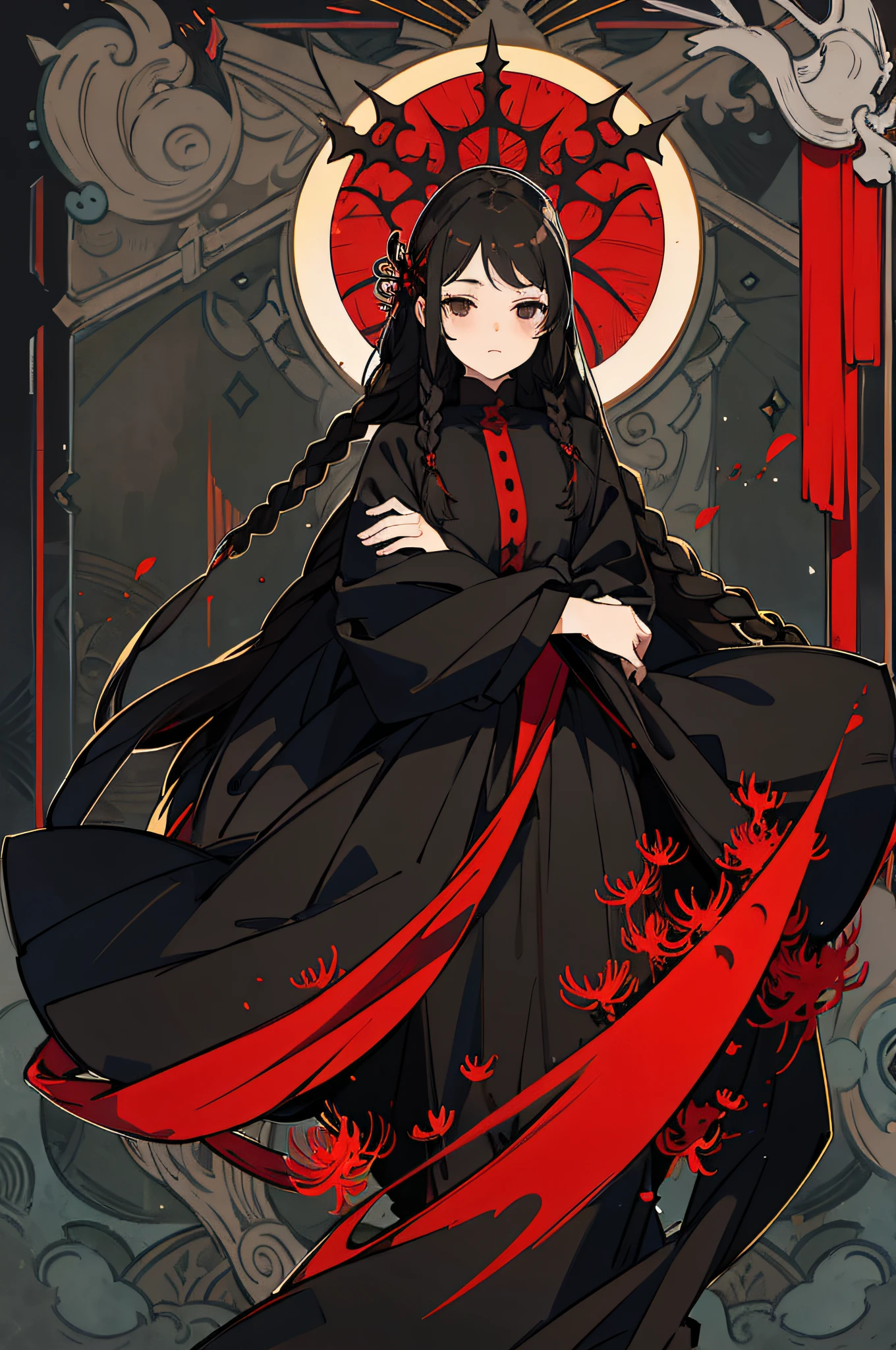 1 woman, (masterpiece, best quality:1.2), wearing black clothing, garden setting, red spider lily, dark theme, very long hair, arm length hair, fully braided hair, black hair, black eyes