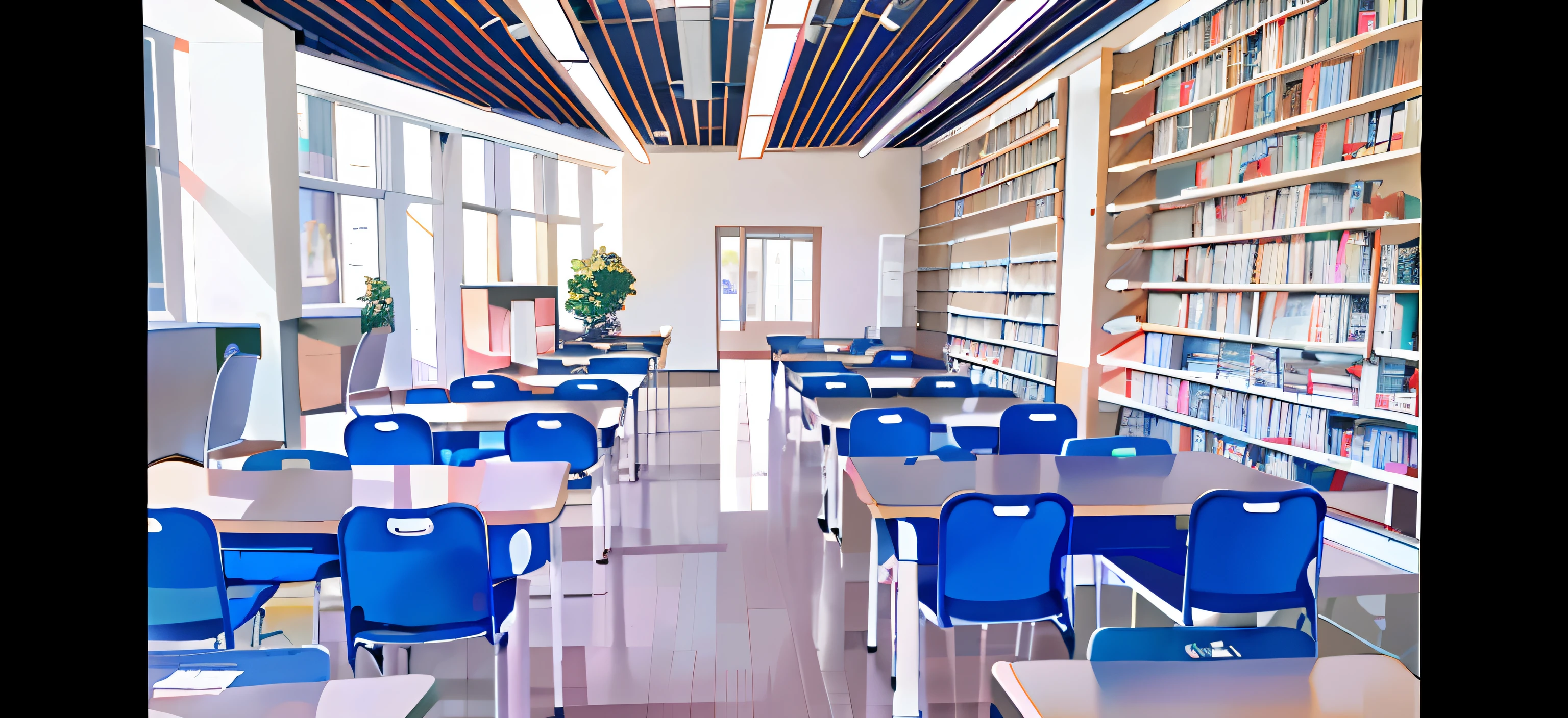 The library with bookshelves has a row of tables and chairs, library, School Classroom, Classroom, vast library, , Vibrant and dynamic, classroom in background, studying in a brightly lit room, high-school, library background, inside a library, The student is alone