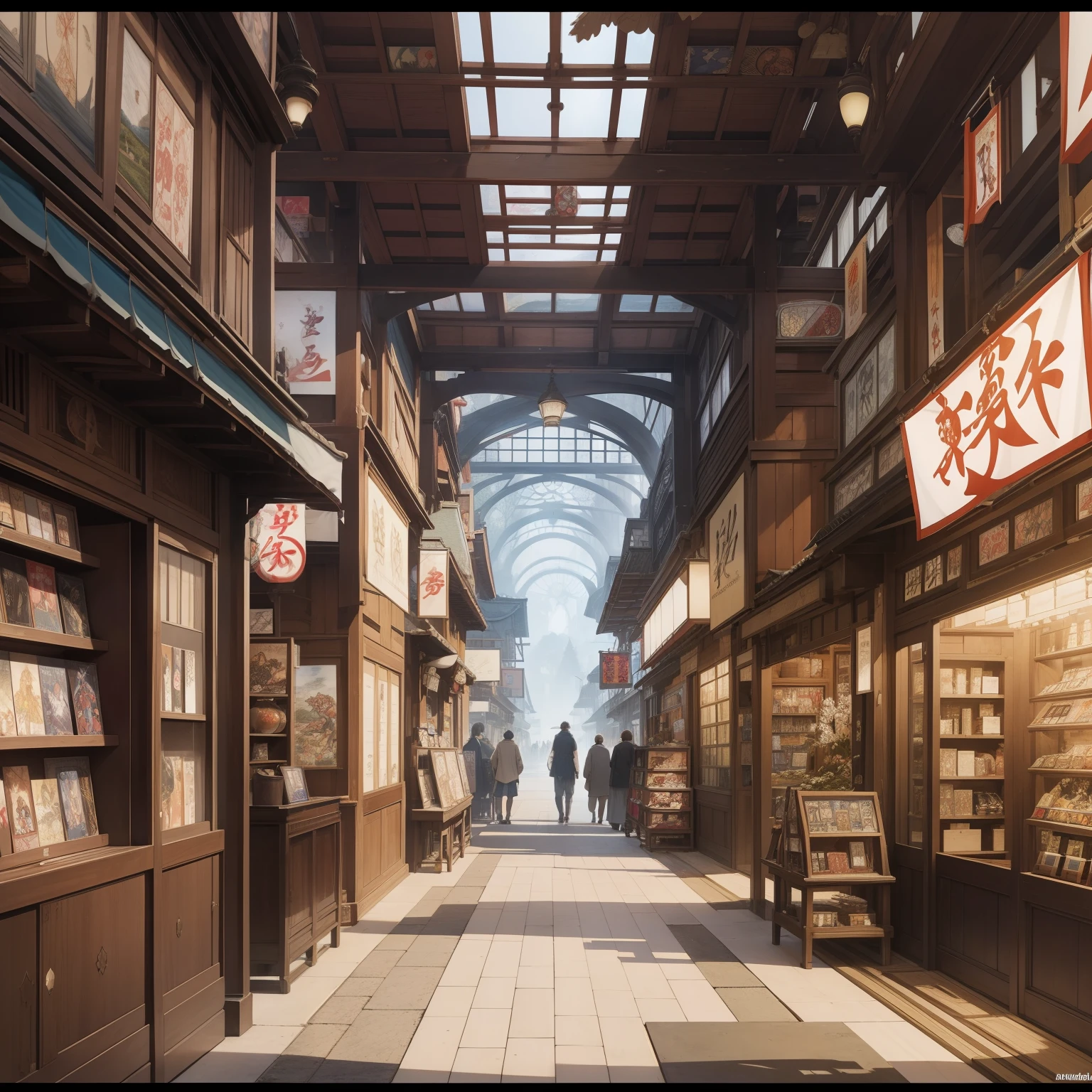 Ukiyo-e style　Lebbeus Woods, Anton Pieck, m c Escher Anime　wondrous　strange　Whimsical　Sci-Fi Fantasy　The city of Istanbul, the crossroads of civilizations　When the strait dries up　Aladdin's Shop　my々The memory of lost in the cinema　Chess endurance　The story in the mirror