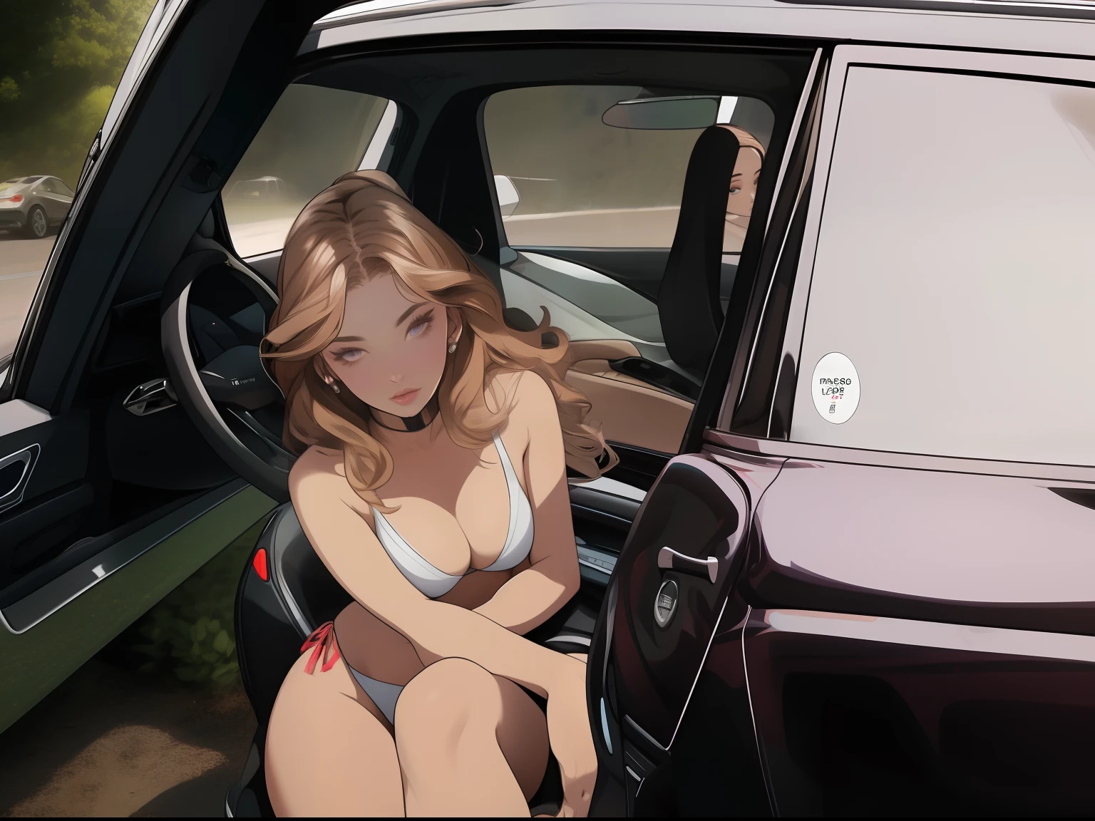 araffe woman in a bikini sitting in a car with her legs on the steering wheel, sitting in her car, portrait sophie mudd, barbara palvin, brown hair and a perfect body, instagram model, ana de armas, jovana rikalo, anna nikonova aka newmilky, bella hadid, emily ratajkowski