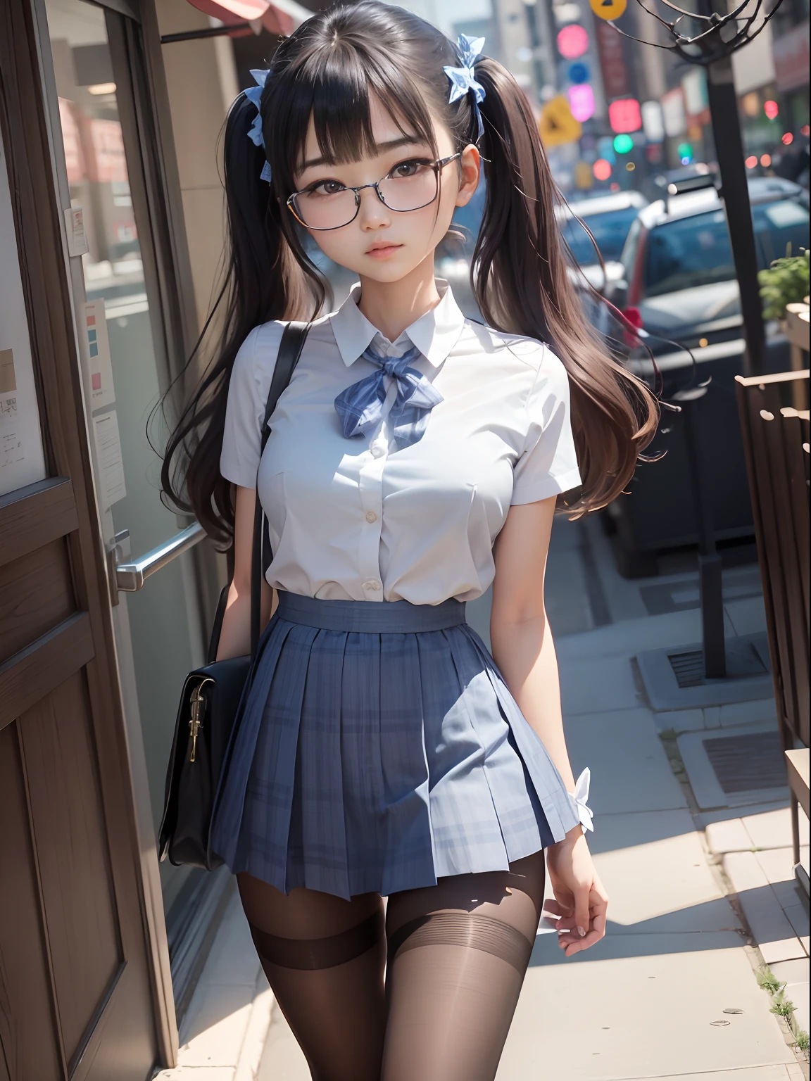 （8K、Raw photography、top-quality、​masterpiece：1.2),watching at viewers,Looking at the front,short twintails,Bullish,Muchimuchi,Erotic,Pupils,Light Blue Bra,de pele branca,kne,(Black pantyhose),absurderes,a small face,small tits,flat breast,Parting the bangs from the middle、Forehead visible,(be shy,Tight eyes,glares,Bullish,skinny,Rasping,irate)、​masterpiece,top-quality、超A high resolution,Raw photo,ren,Beautiful fece,One Person, 独奏,eye glass,,Small breasts,fullllbody,Round glasses、cute little、Back to Student,JK school uniform,hi-school girl,A Japanese Lady,is standing,（Photorealsitic：1.37）、Photon mapping,Realistic、Cute little face,Brown-eyed、Black socks、(Red bow tie)、Radio City、Physically Based Rendering、Foreground、depth of fields、Blurry background、a picture,The girls、Body,beauty legs, Long legs, Thin leg,Tie your hair into one strand on your chest,(Bangs are visible), hair, s lips, Blue_The eye, nosesoft,(Light blue shirt), (Navy and blue and white plaid pleated skirt), Knees are visible,Sheer clothing,, Thigh, Black cotton socks,Nogizaka Idol, 女優, Japanese ido