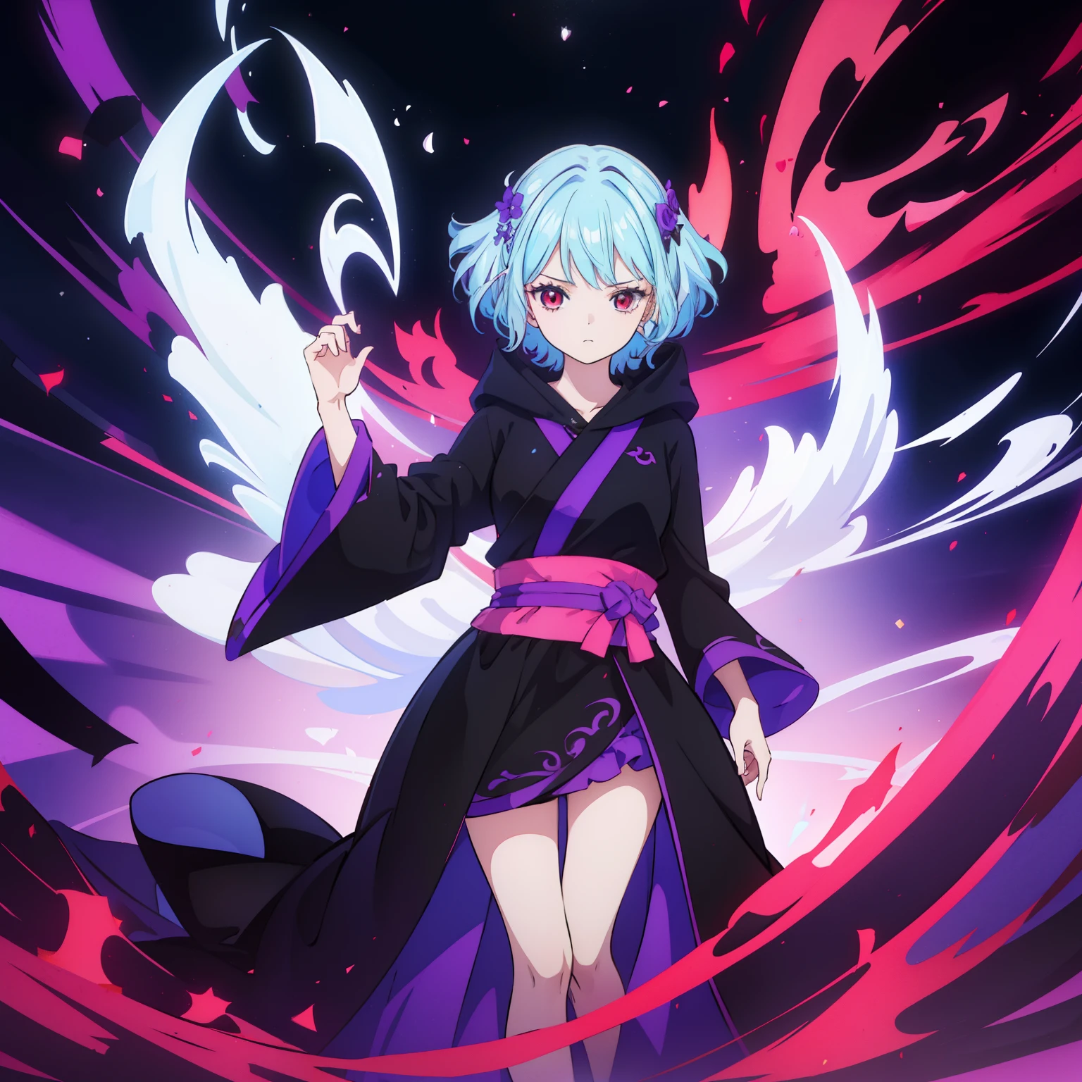 masutepiece, Fine details, 4K, 8K, 12K, Solo, 1 person, Beautiful Girl, caucasian female, , 149 cm, Light blue hair, Short hair, Wavy Hair, Red Eyes, Black costume、black robes, Long sleeves, Wide sleeves, long hem, long hem、I can't see my knees、Black hood、Full body black、Purple effect、Dragon effect