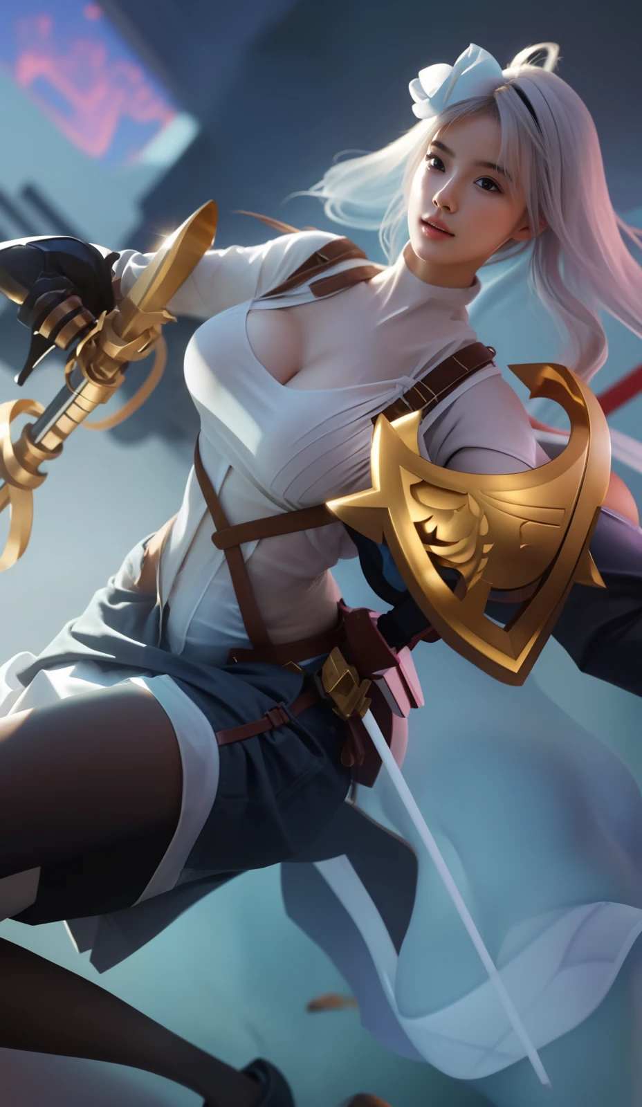 score_9, score_8_up, score_7_up, score_6_up, score_5_up, score_4_up, BREAK lolsplashart, league of legend, solo, 1girl, Asian female, cowgirl outfit, cleavage, white shirt, brown pants, tattoos, bob cut, white hair, black lipstick, lovely, masterpiece.
