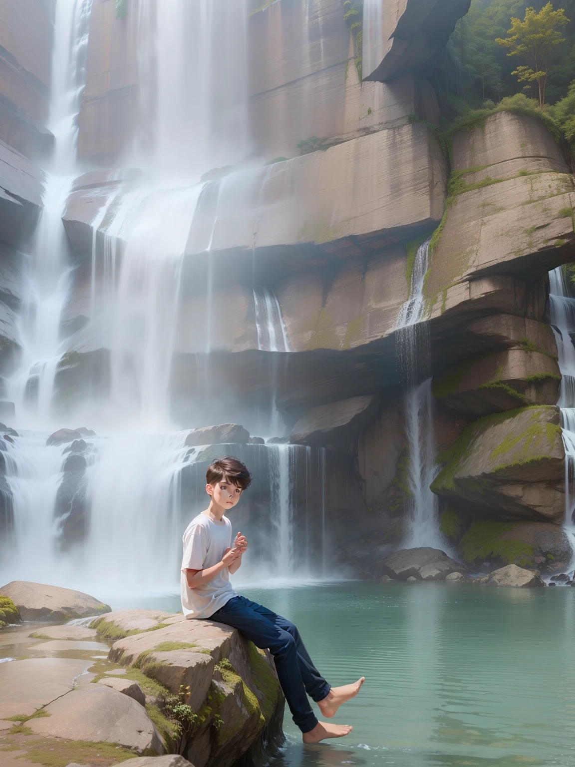 Waterfall background boy post