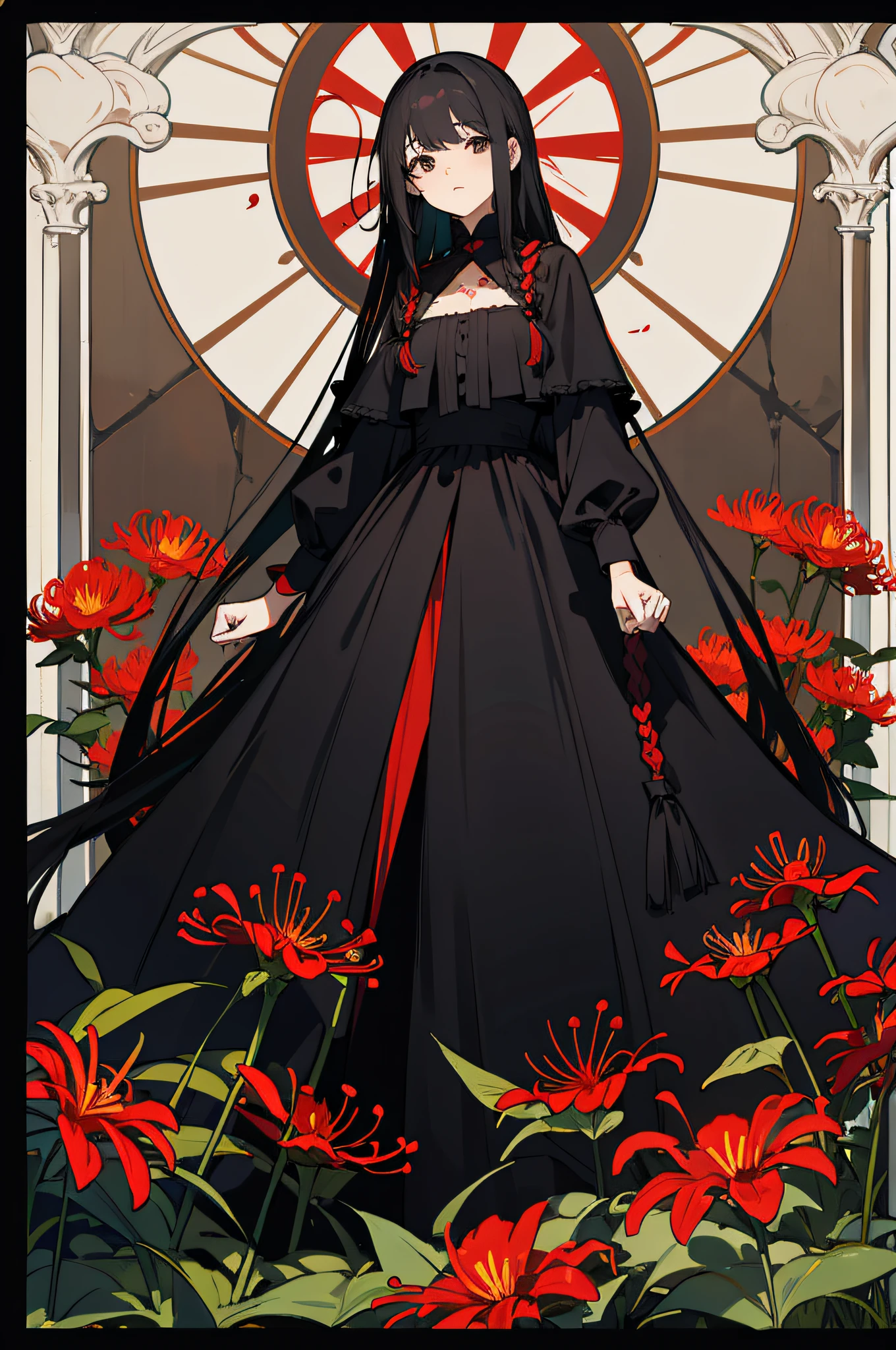 1 woman, (masterpiece, best quality:1.2), wearing black clothing, garden setting, red spider lily, dark theme, very long hair, arm length hair, fully braided hair, black hair, black eyes