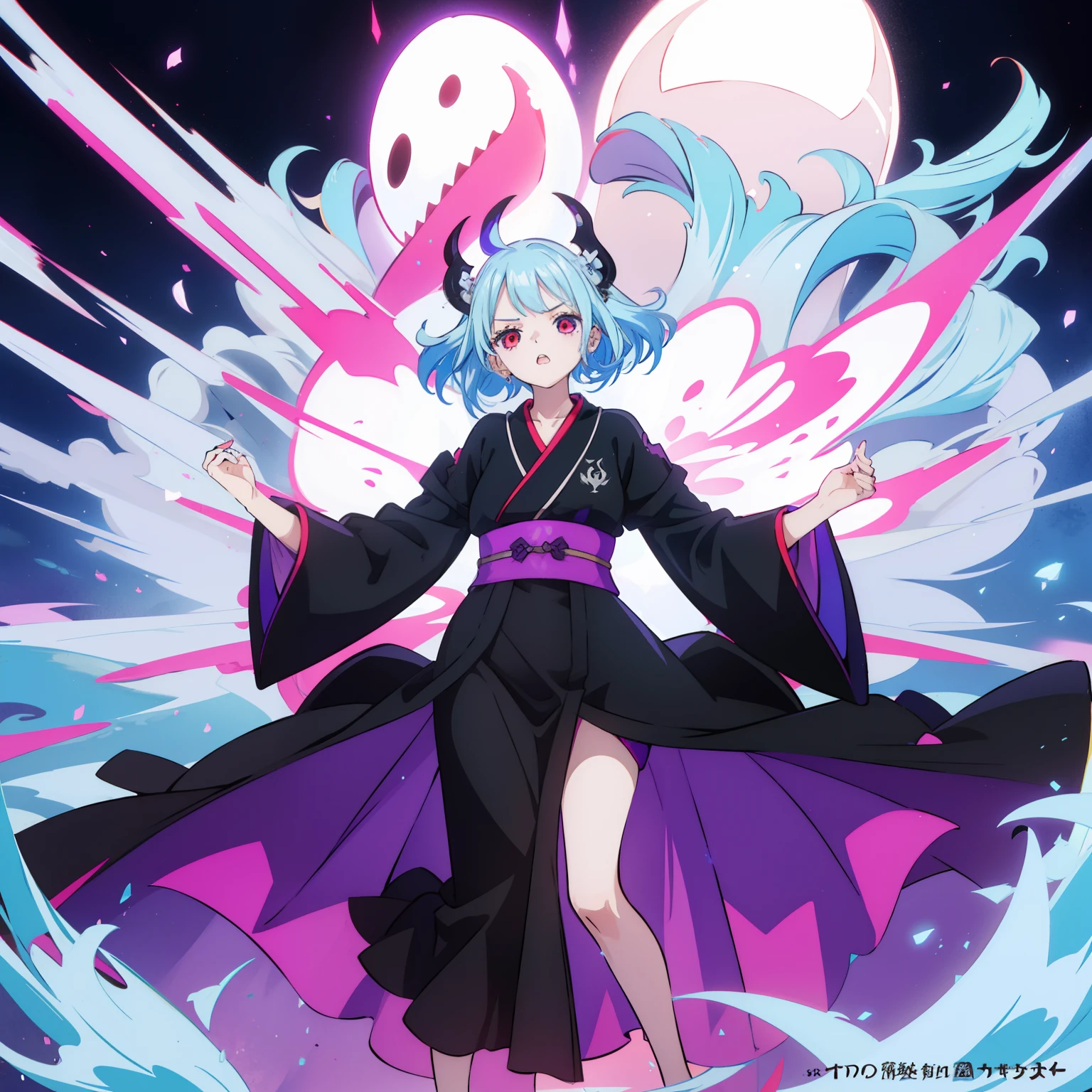 masutepiece, Fine details, 4K, 8K, 12K, Solo, 1 person, Beautiful Girl, caucasian female, , 149 cm, Light blue hair, Short hair, Wavy Hair, Red Eyes, Black costume、black robes, Long sleeves, Wide sleeves, long hem, long hem、I can't see my knees、Black hood、Full body black、Purple effect、Dragon Effect