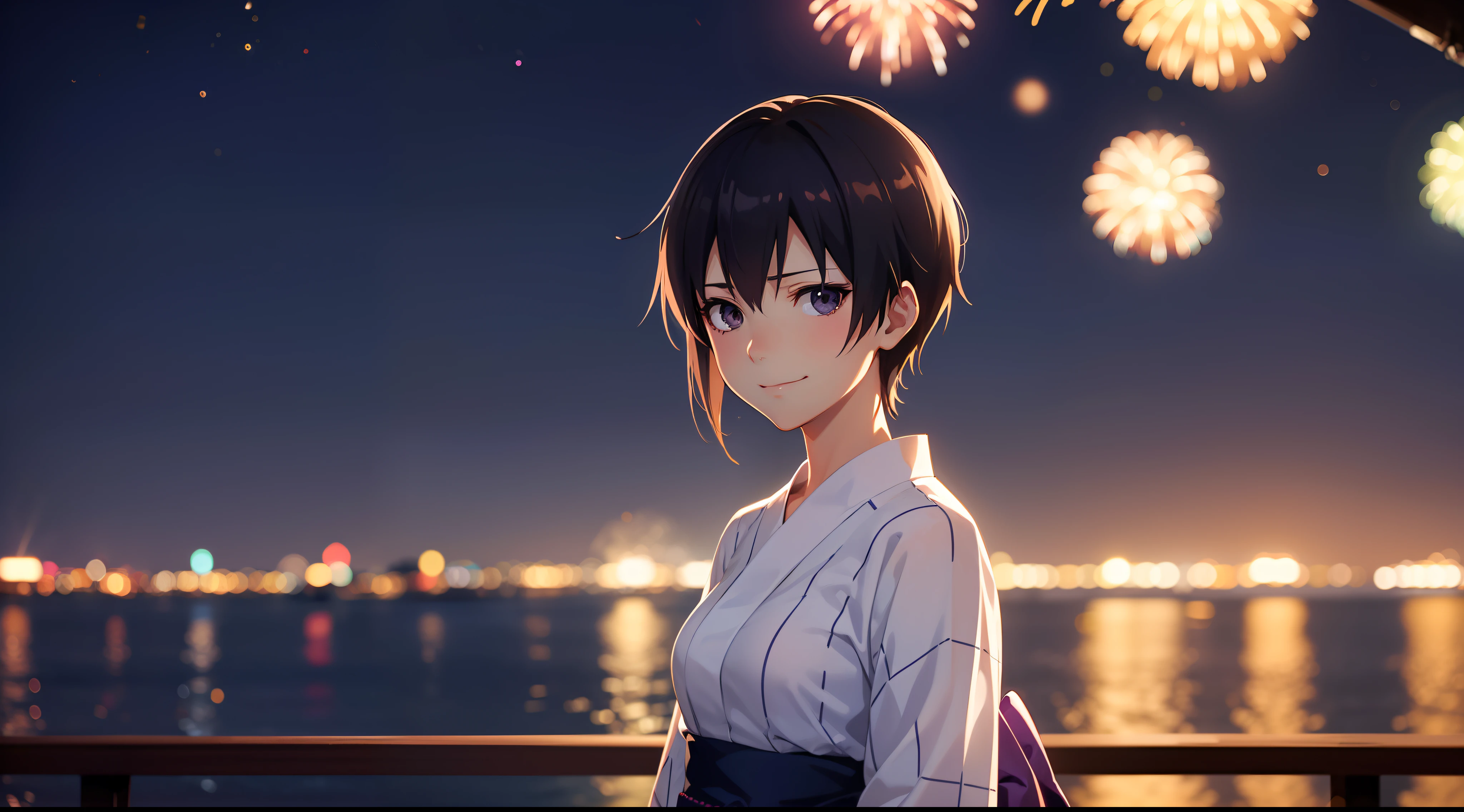 sad anime woman, digital render, makoto shinkai, beautiful night, wearing yukata, outdoors near sea, fireworks, bokeh effect, looking at camera, smiling