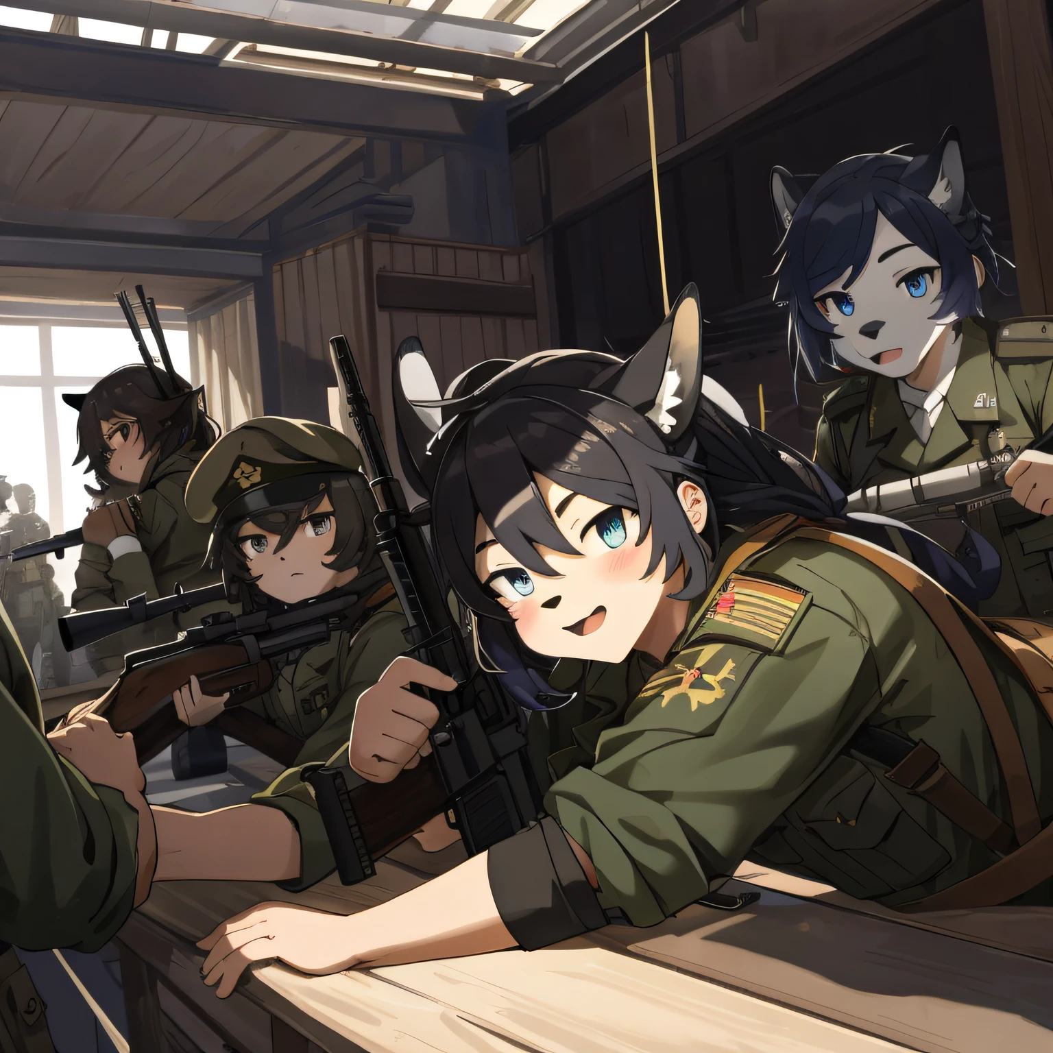 Top quality, Best quality, High-quality illustrations, Masterpiece, Super high resolution, Detailed background, Military headquarters, Maritime Self-Defense Force, rifle, Sniper, battlefield, 6+Boys, 6+Girls, absurderes(Highly detailed beautiful face and eyes)Perfect ???????, expression, Good lighting, cinematic shadow(komono, furry anthro)a variety of poses, Dynamic Angle,
