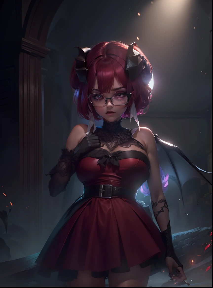 (obra-prima, melhor qualidade, ultra-detalhado, melhor sombra), (belo rosto detalhado), alto contraste, (best ilumination, uma extremamente delicada e bela), vestido vermelho decote, chifres de sucubu, cabelos curto rosa escuro/vermelho, eyeglass, ((cinematiclight))1 , succubus, castlevania, (((cabelo curto))), (((short hair)))), cabelo vermelho, ruiva, 30 anos, espartilho preto, look of malice, olhar SENSUAL, dinamic angle