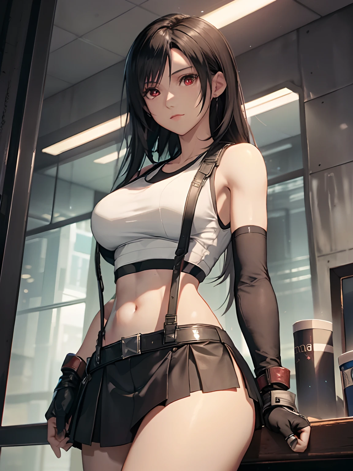 8k,masterpiece, bset quality,big, (1 girl), tifa lockhart, red_eyes, black hair, long hair, shiny skin: 1.2, shiny big, ((best quality)), crisp focus: 1.2, highly detailed face and skin texture, detailed eyes, perfect face, perfect body, art, cg, blur background, big with presence, 20yo, Mature cool and beautiful face, wearing (black skirt, black suspenders, black elbow gloves,white taut shirt,crop top,)