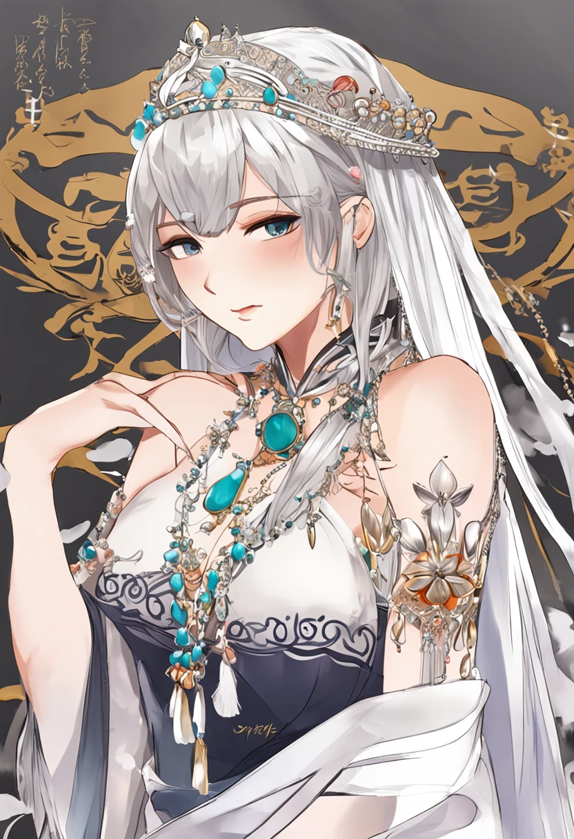 best qualtiy,tmasterpiece,超高分辨率,cold light,1girll,(Close-up of the upper body,closeup of face), Nice face,dignified,Cold and glamorous,cabelos preto e longos,hair adornments,耳Nipple Ring,choker necklace,鎖骨,(period costume,One shoulder,Costume hair accessories,silber hair), Ancient oriental style, Beautiful age girl,Beautiful goddess,Detailed scenes, Beautiful digital illustration,the detail,Hyper-detailed, Cinematic quality, (Beauty and aesthetics,big breasts beautiful)