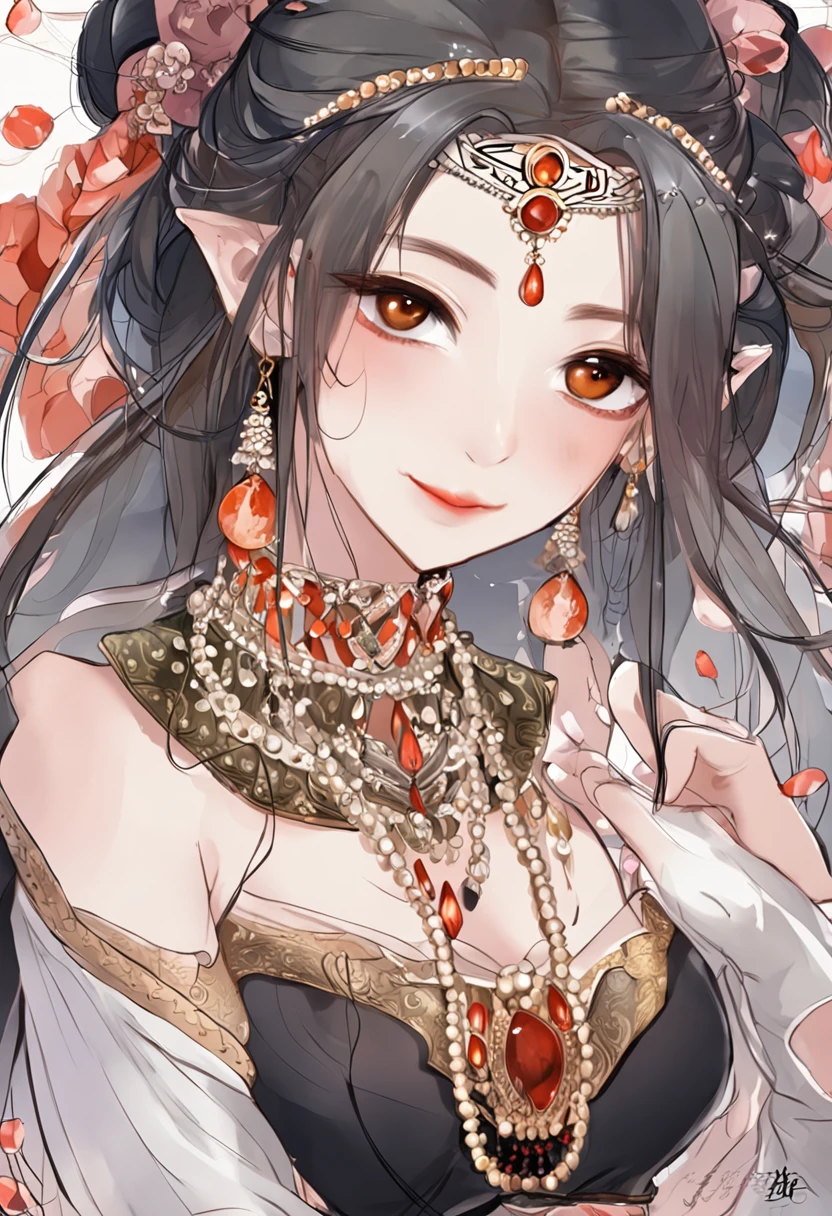 best qualtiy,tmasterpiece,超高分辨率,cold light,1girll,(Close-up of the upper body,closeup of face), Nice face,dignified,Cold and glamorous,cabelos preto e longos,hair adornments,耳Nipple Ring,choker necklace,鎖骨,(period costume,One shoulder,Costume hair accessories,silber hair), Ancient oriental style, Beautiful teenage girl,Beautiful goddess,Detailed scenes, Beautiful digital illustration,the detail,Hyper-detailed, Cinematic quality, (Beauty and aesthetics,big breasts beautiful)
