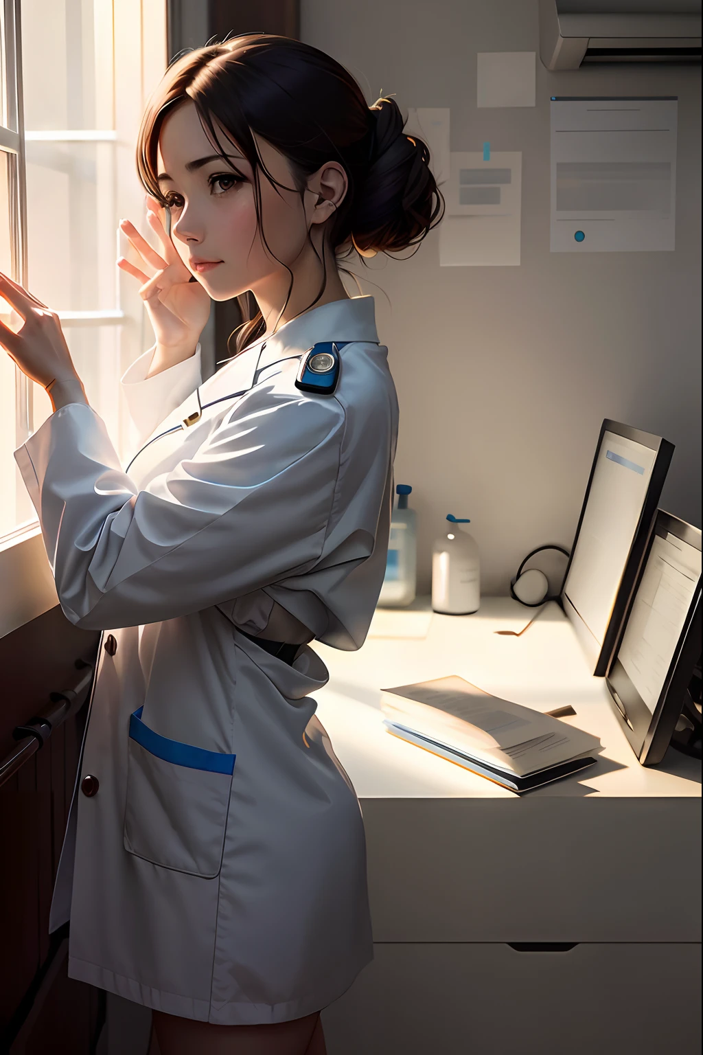 By the window stood a woman in a doctor's coat, Wear a doctor's coat and shirt, anime big breast. Soft lighting, Anime girl in real life, Guviz-style artwork, Makoto Shinkai and Artgerm, dreamy cyberpunk girl, Digital art Ilya Kuvhinov, wearing a lab coat, cyberpunk photo, With a doctor coat